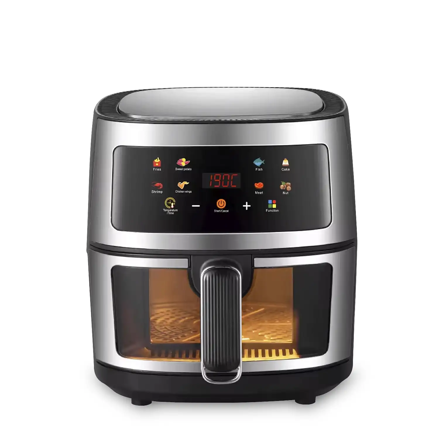 Freidora de aire  8L, 1400W con ventana de visualización. Panel táctil, programas de cocinado y modos manuales, calentamiento 3D, rejilla antiadherente.Estructura acero inox.