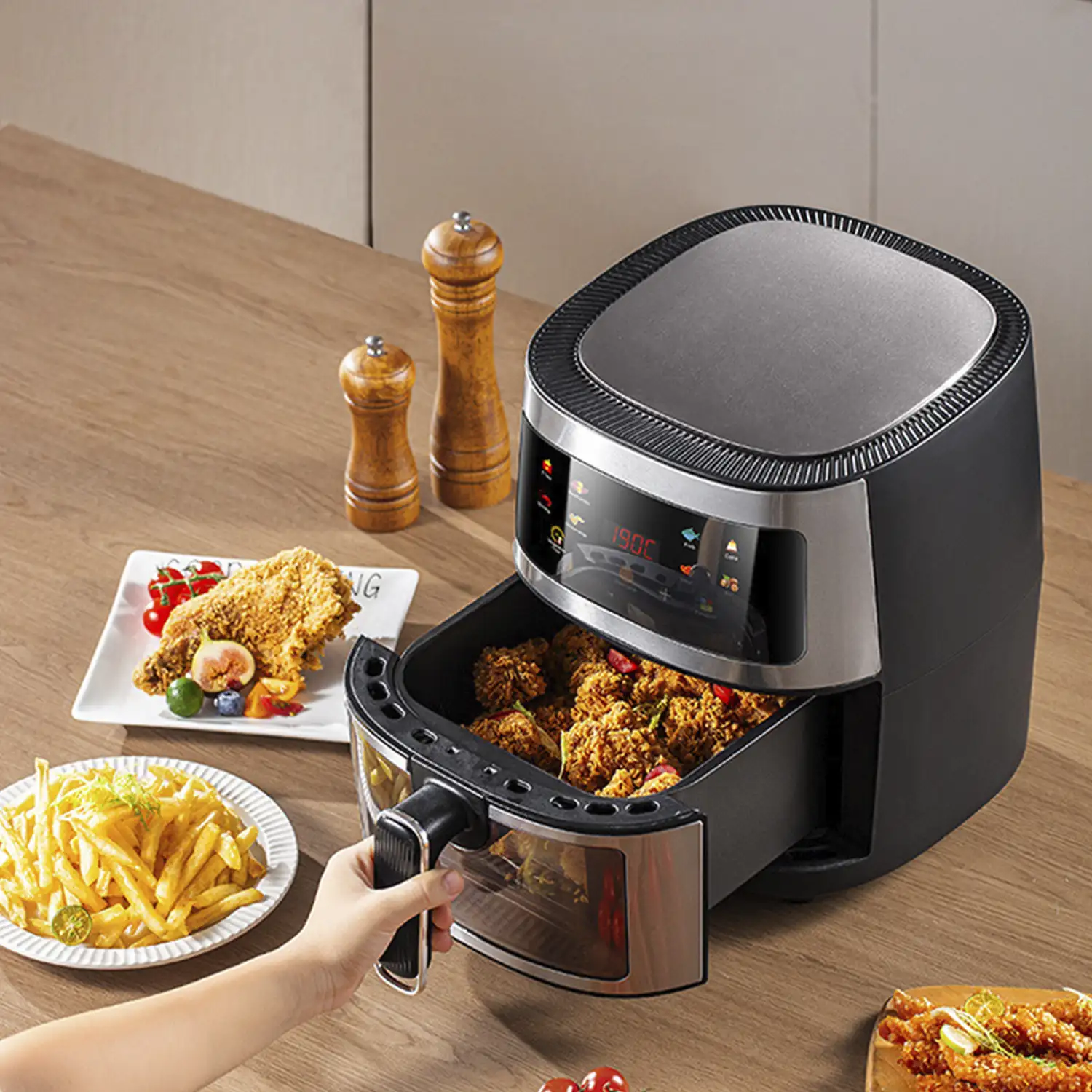 Freidora de aire  8L, 1400W con ventana de visualización. Panel táctil, programas de cocinado y modos manuales, calentamiento 3D, rejilla antiadherente.Estructura acero inox.