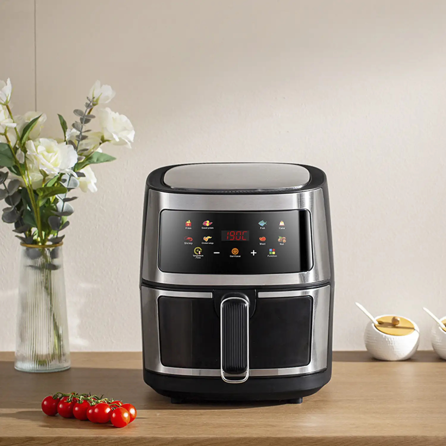 Freidora de aire  8L, 1400W con ventana de visualización. Panel táctil, programas de cocinado y modos manuales, calentamiento 3D, rejilla antiadherente.Estructura acero inox.