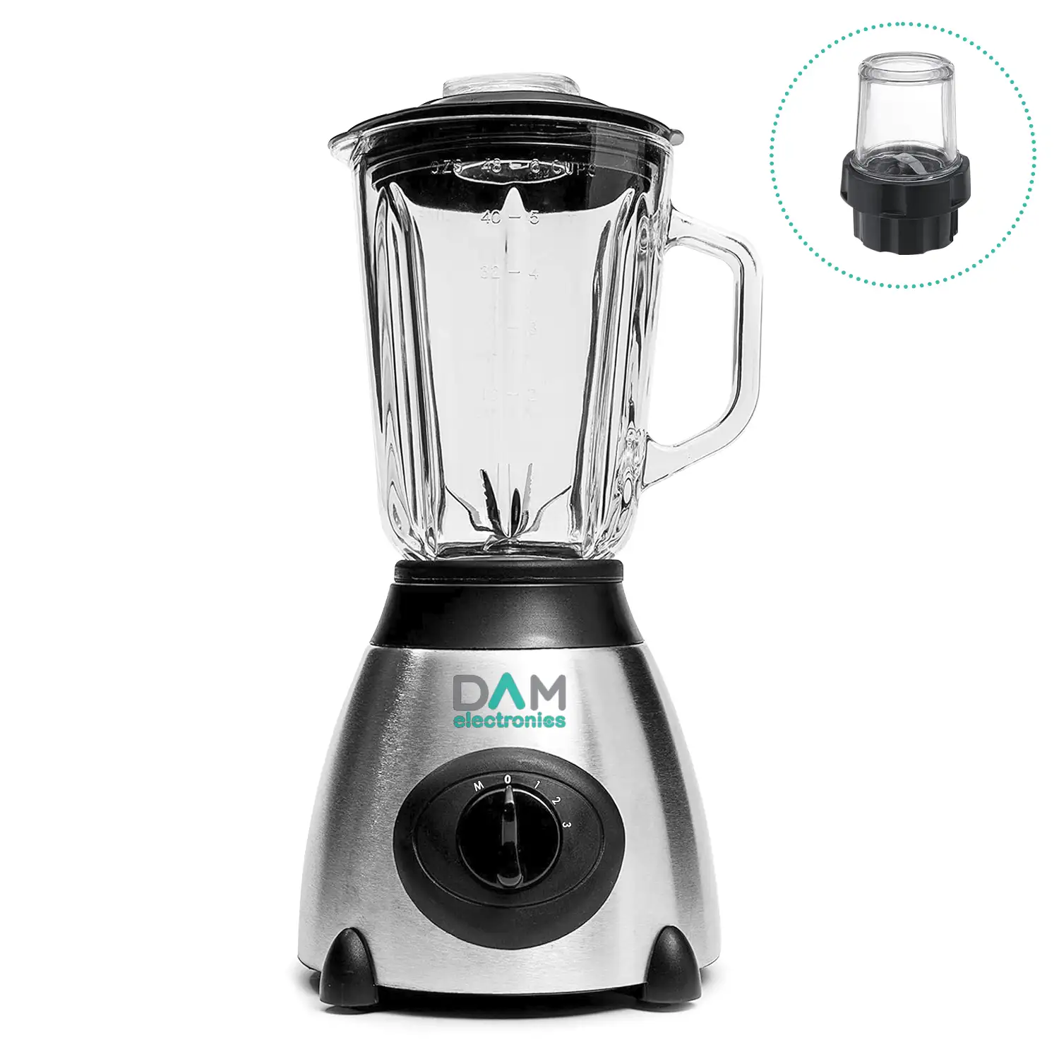 Batidora 2 en 1 de vaso 1,5L acero inoxidable . Jarra de cristal, 1500W, cuchillas de acero inox, pica hielo, Smoothies, zumos. 3 velocidades. Vaso auxiliar.