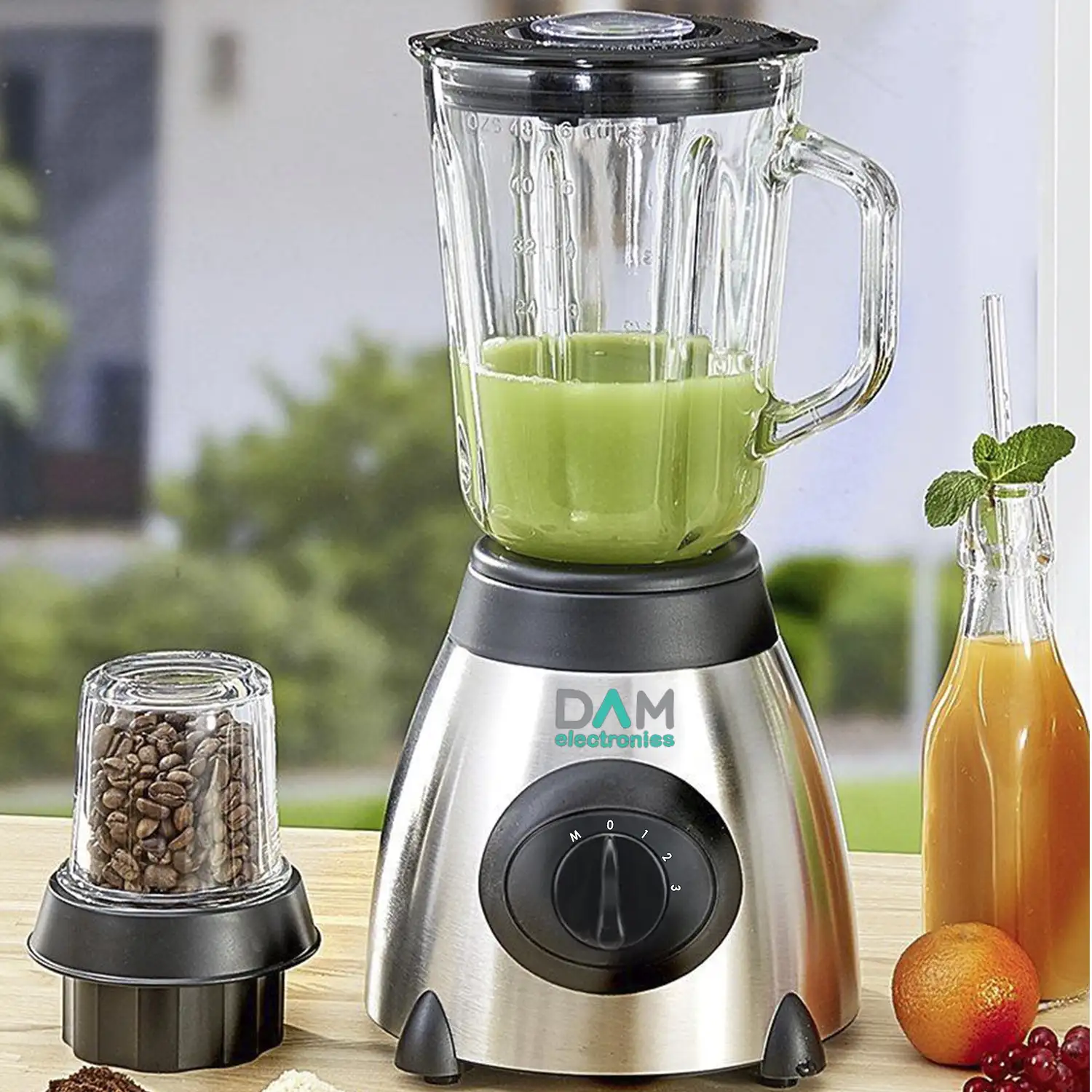 Batidora 2 en 1 de vaso 1,5L acero inoxidable . Jarra de cristal, 1500W, cuchillas de acero inox, pica hielo, Smoothies, zumos. 3 velocidades. Vaso auxiliar.