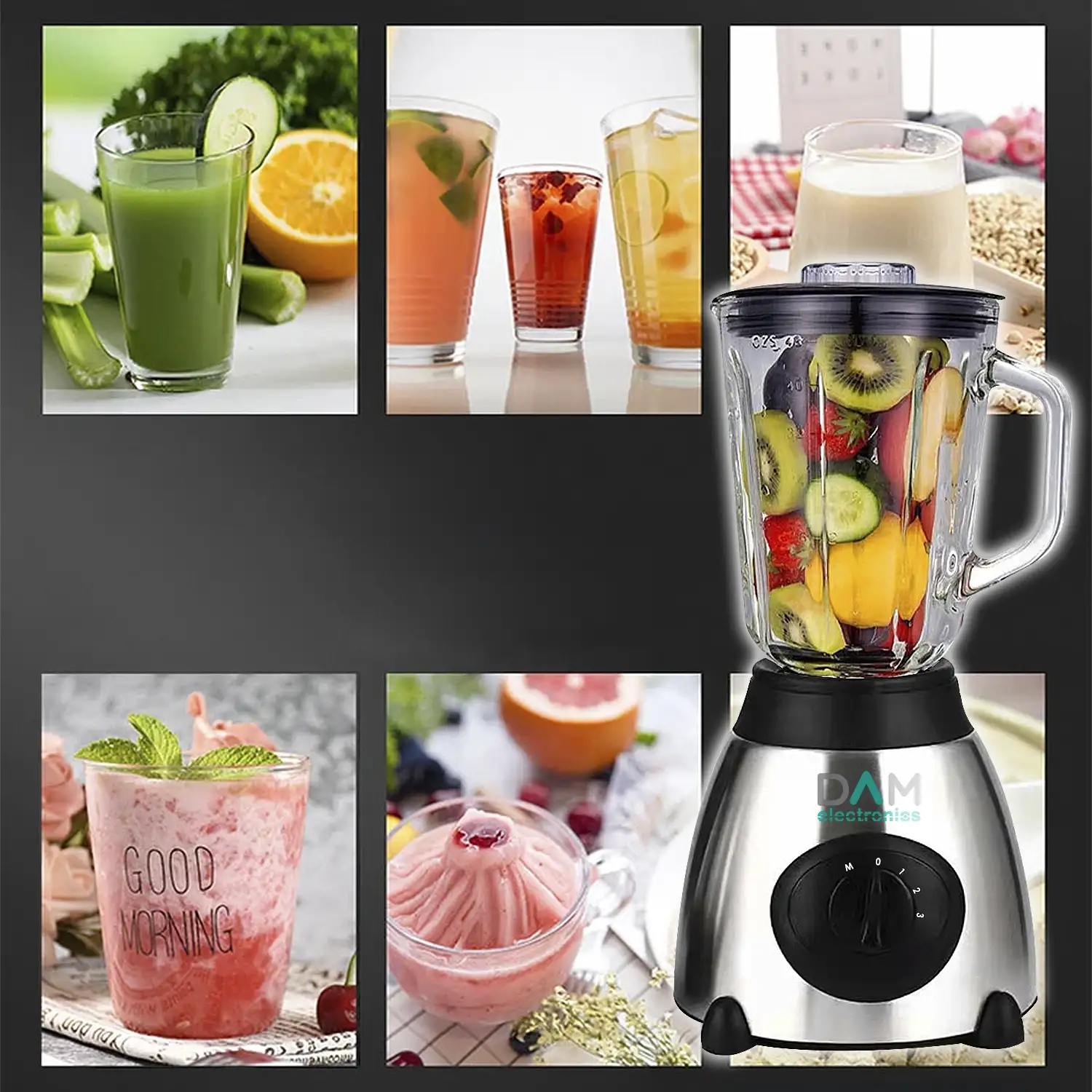 Batidora 2 en 1 de vaso 1,5L acero inoxidable . Jarra de cristal, 1500W, cuchillas de acero inox, pica hielo, Smoothies, zumos. 3 velocidades. Vaso auxiliar.