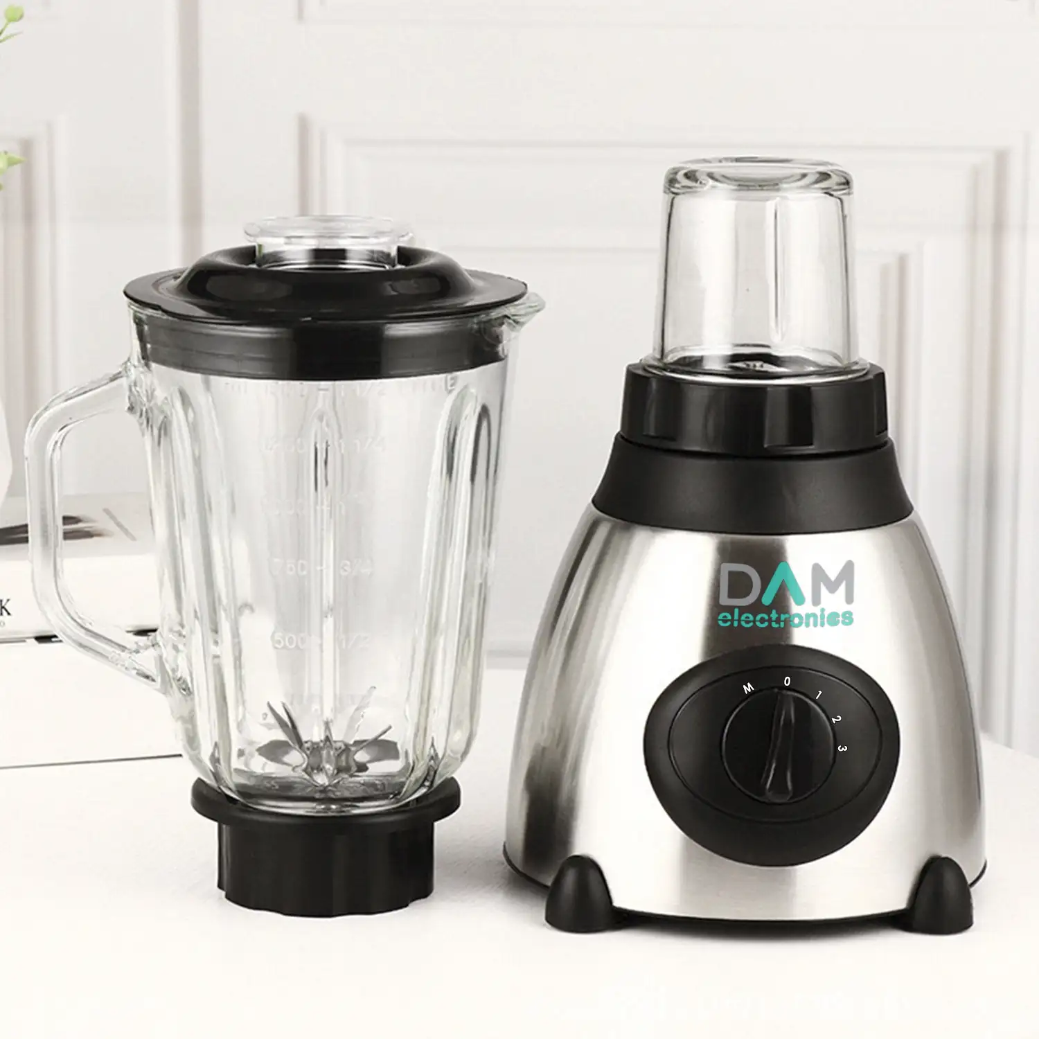 Batidora 2 en 1 de vaso 1,5L acero inoxidable . Jarra de cristal, 1500W, cuchillas de acero inox, pica hielo, Smoothies, zumos. 3 velocidades. Vaso auxiliar.
