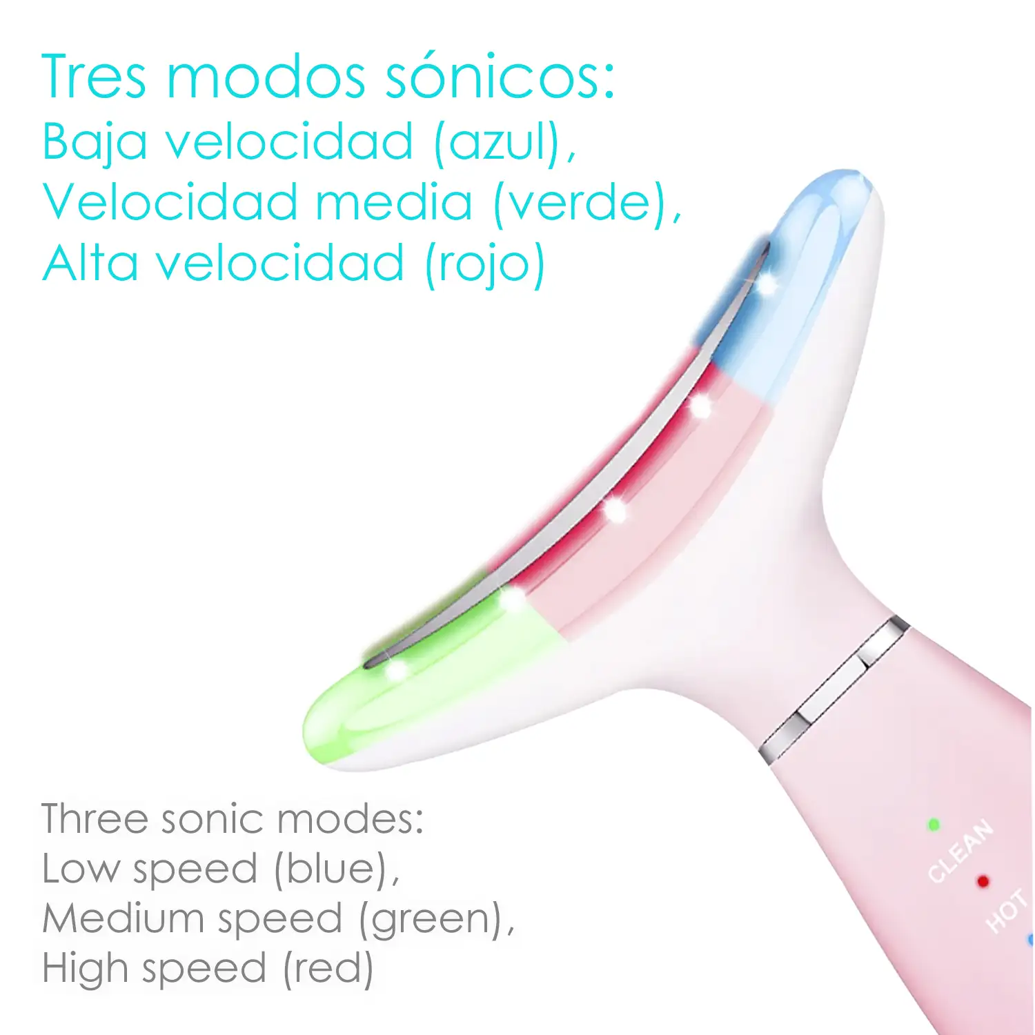 Masajeador ultrasónico para cara y cuello con tratamiento de luz LED. Limpieza, calor y EMS.