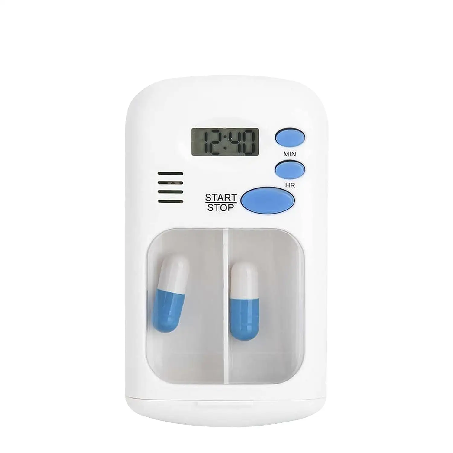 Pastillero con doble compartimento y alarma con temporizador.