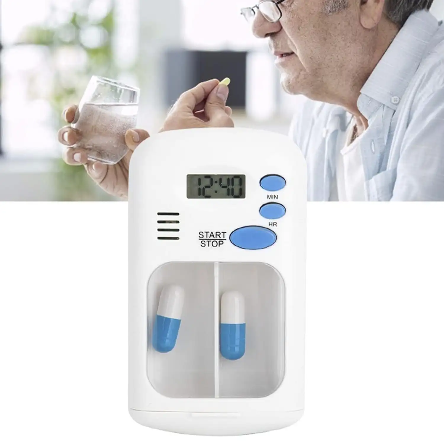Pastillero con doble compartimento y alarma con temporizador.