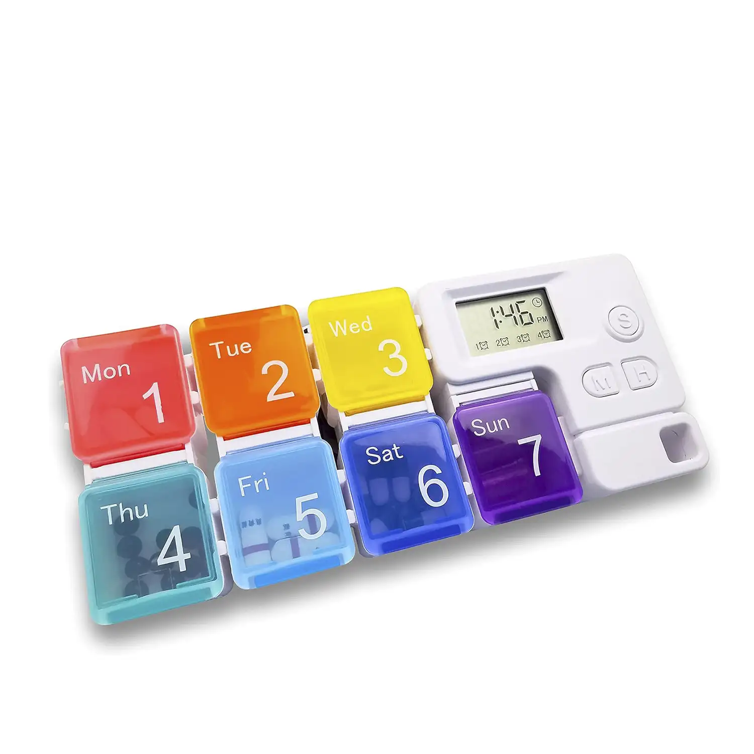 Pastillero de 7 días con 4 alarmas sonoras recordatorias por día. Bloques personalizables.