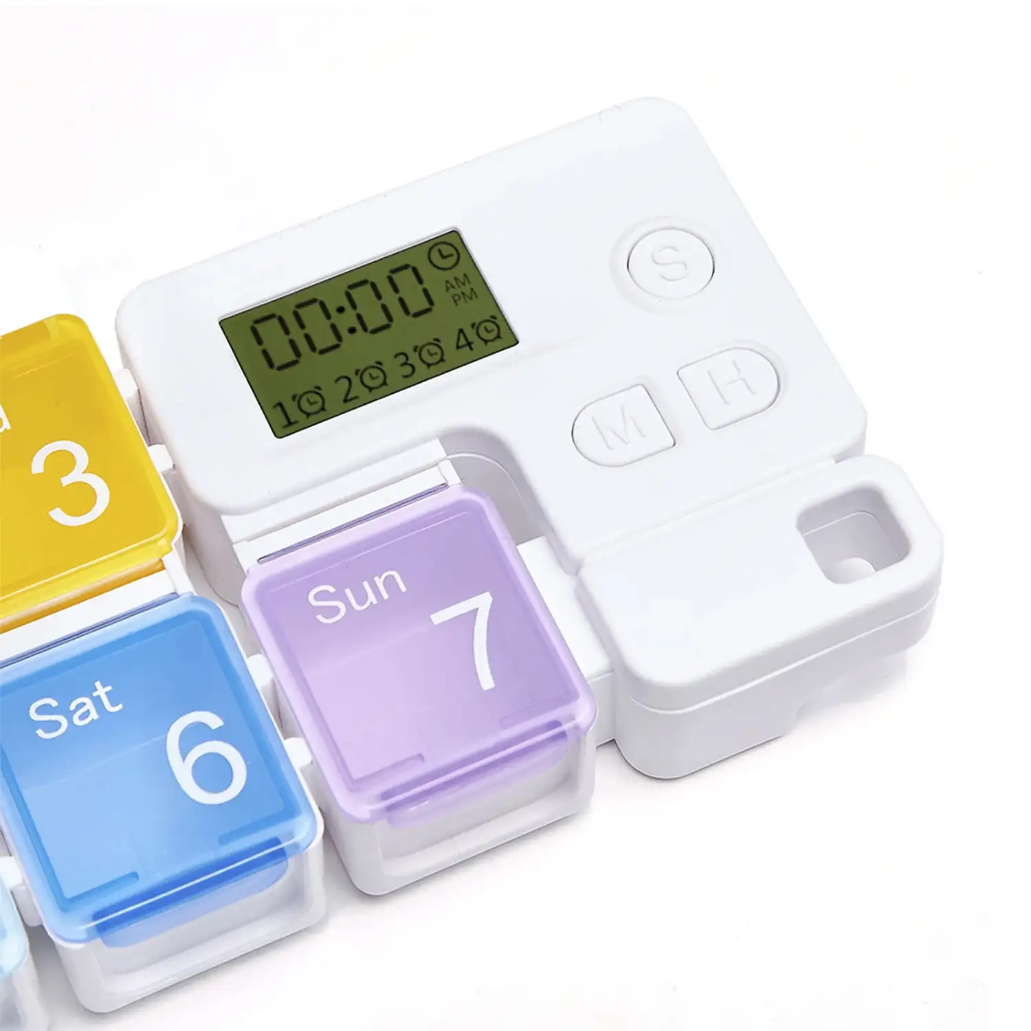 Pastillero de 7 días con 4 alarmas sonoras recordatorias por día. Bloques personalizables.
