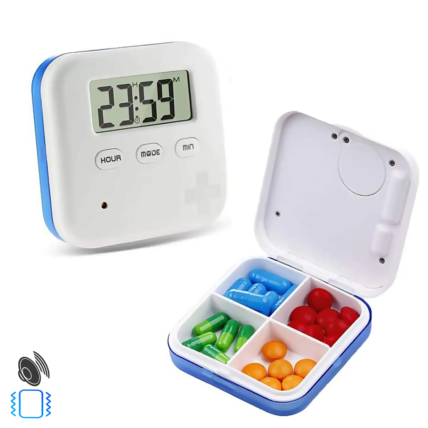 Pastillero con 5 alarmas recordatorias por día, reloj digital y cuenta atrás. Alarma sonora y con vibración.