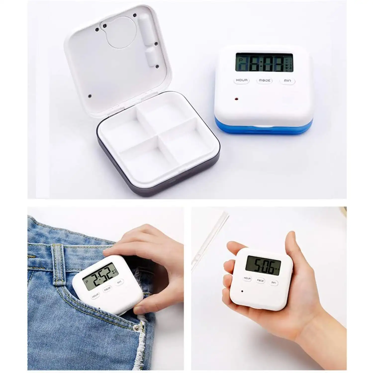 Pastillero con 5 alarmas recordatorias por día, reloj digital y cuenta atrás. Alarma sonora y con vibración.