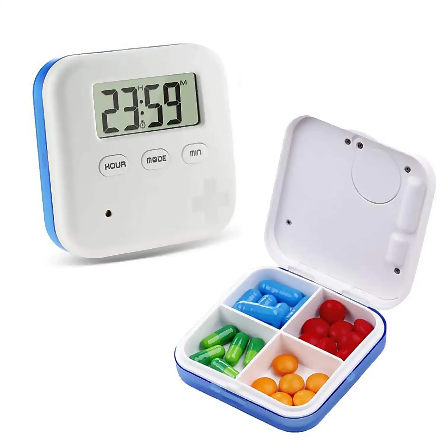 Pastillero con 5 alarmas recordatorias por día, reloj digital y cuenta atrás. Alarma sonora y con vibración.