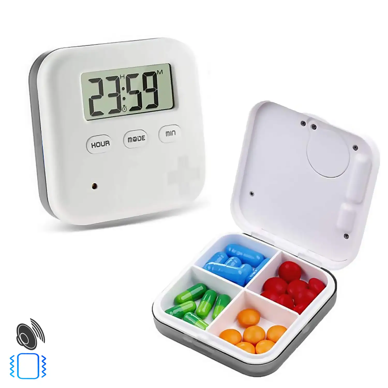 Pastillero con 5 alarmas recordatorias por día, reloj digital y cuenta atrás. Alarma sonora y con vibración.