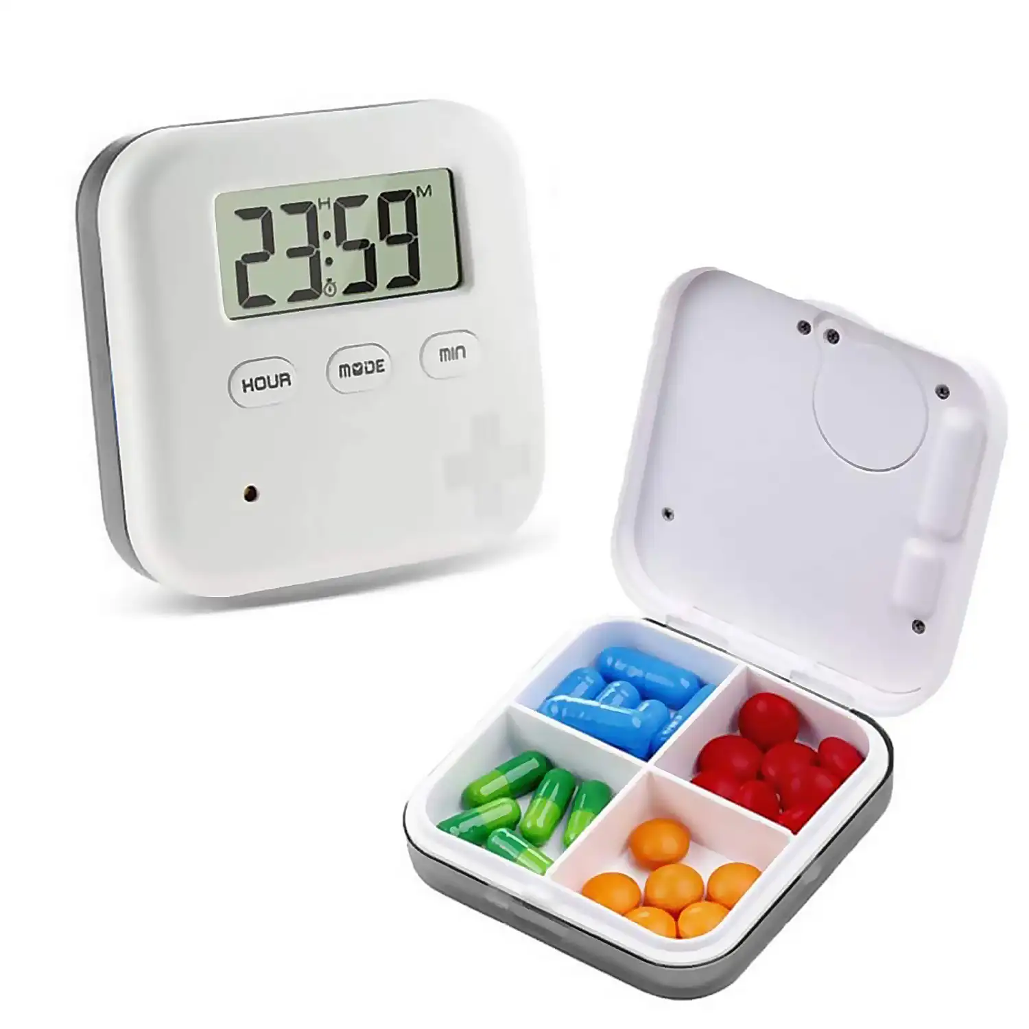 Pastillero con 5 alarmas recordatorias por día, reloj digital y cuenta atrás. Alarma sonora y con vibración.