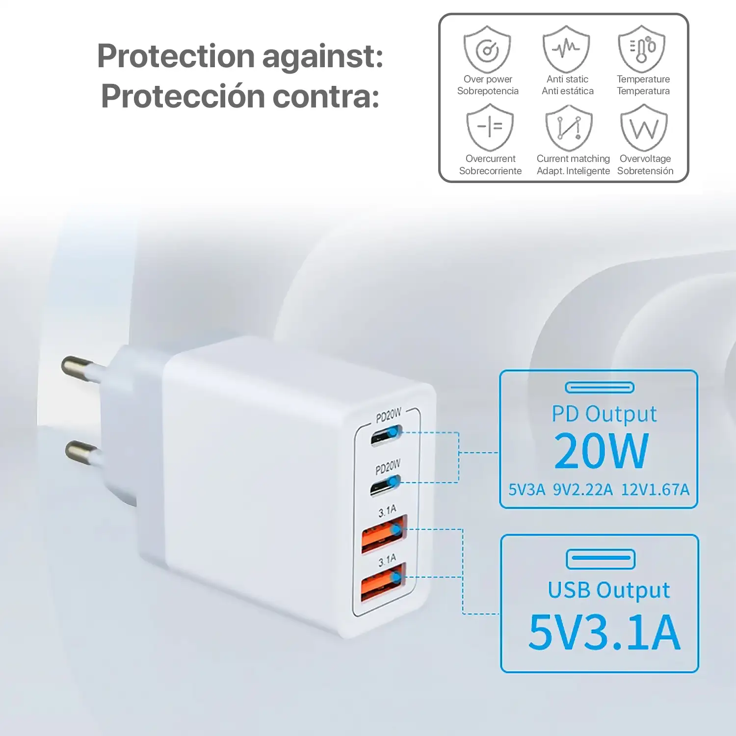 Cargador USB 55W PD3.0 con 2 puertos USB 3.1A + 2 puertos USB-C PD20W.