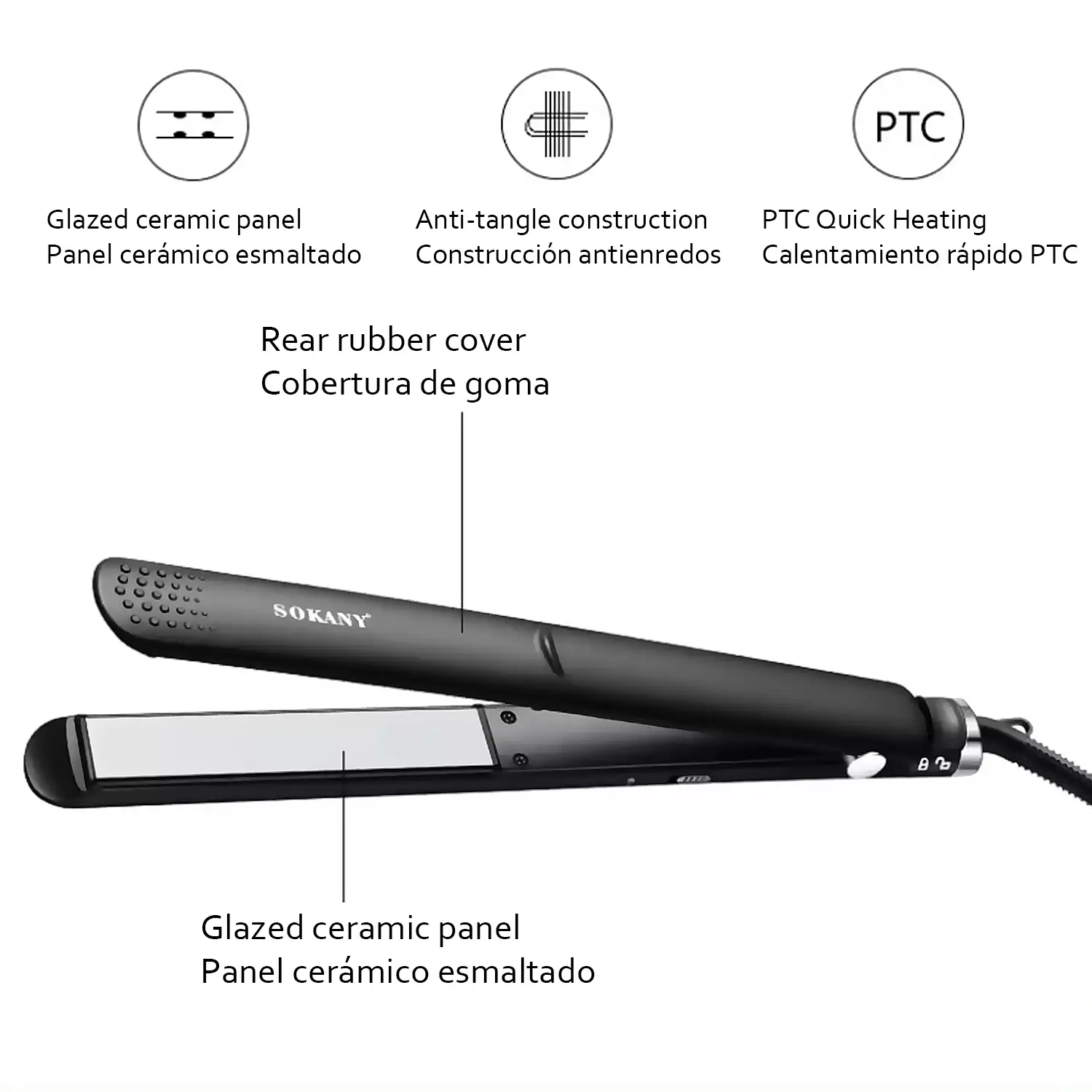 Plancha de pelo cerámica, temperatura ajustable, PTC placa, protección anti quemaduras