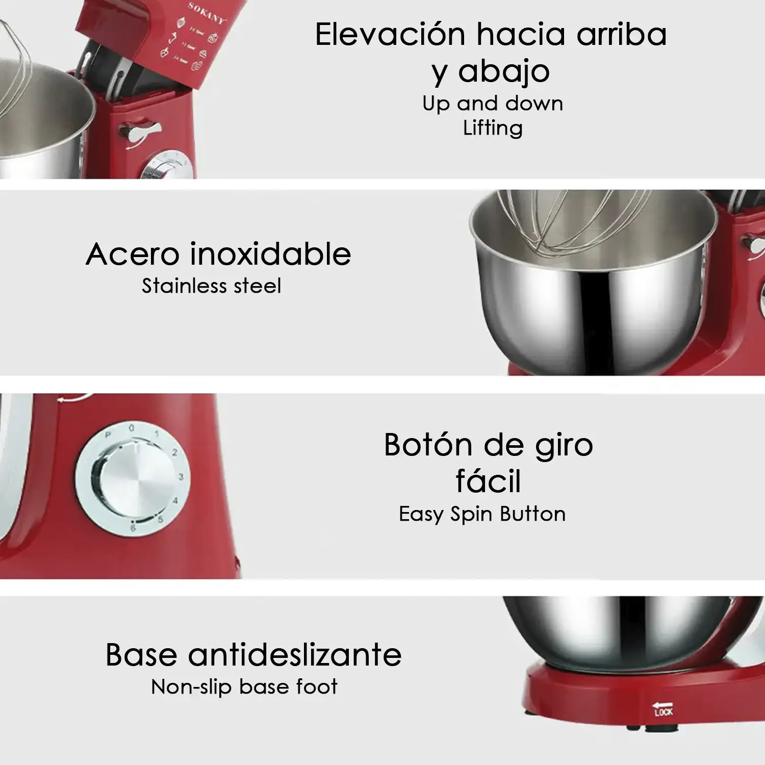 Batidora amasadora de 1100W. Con bol de acero inoxidable con una capacidad de 6.2L
