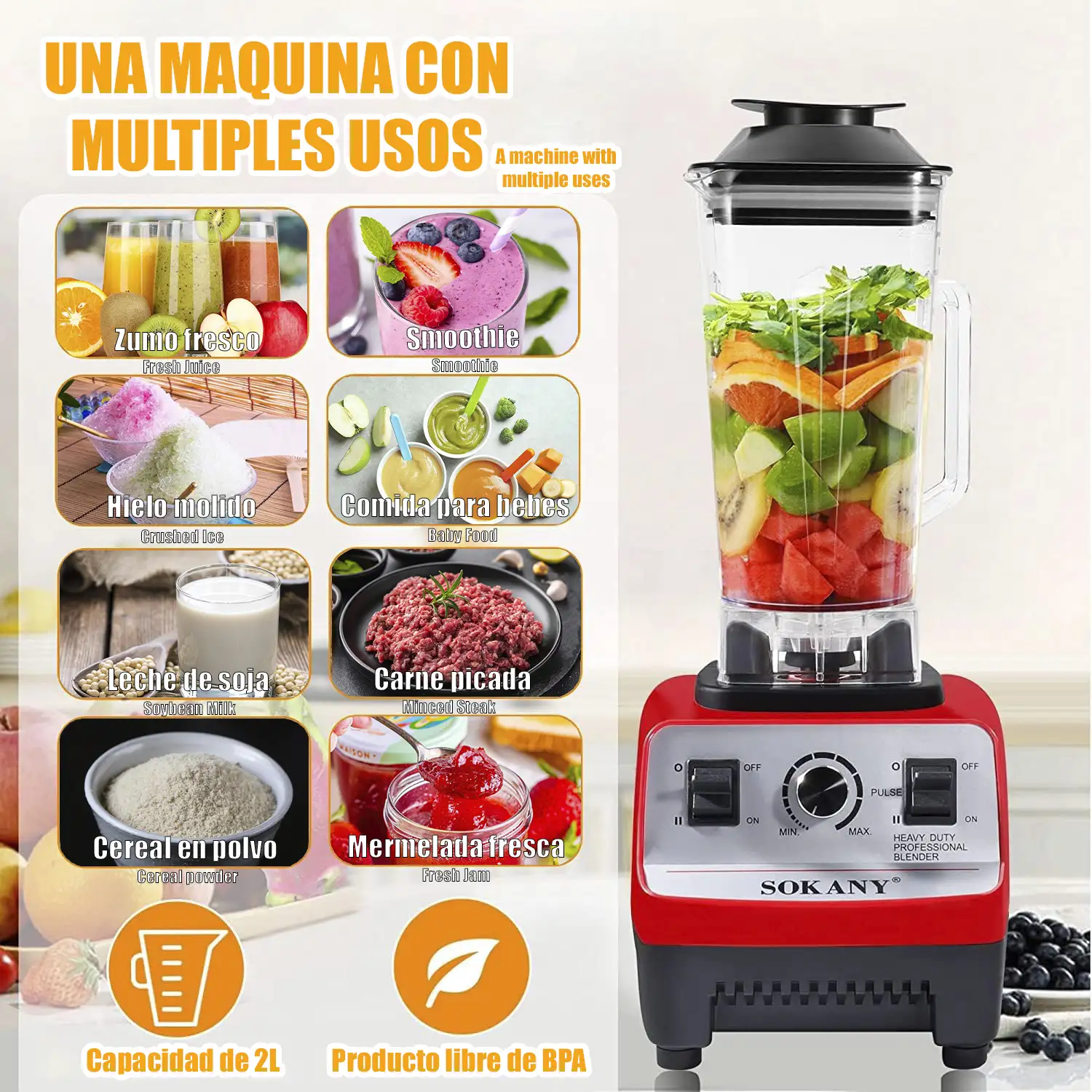 Robot multifunción batidora, picadora 4500w, Jarra 2.0L