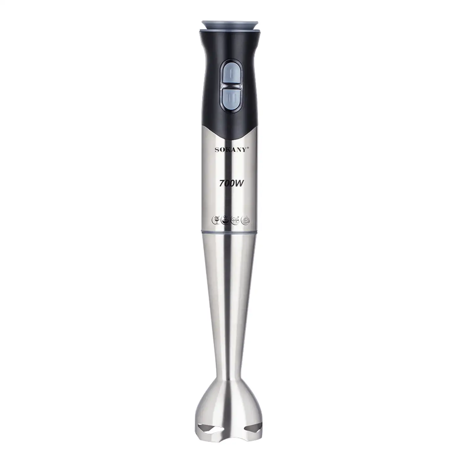 Batidora de mano de 700W con dos velocidades, diseño ergonómico, cuerpo y brazo de acero inoxidable. Brazo apto para lava vajillas.