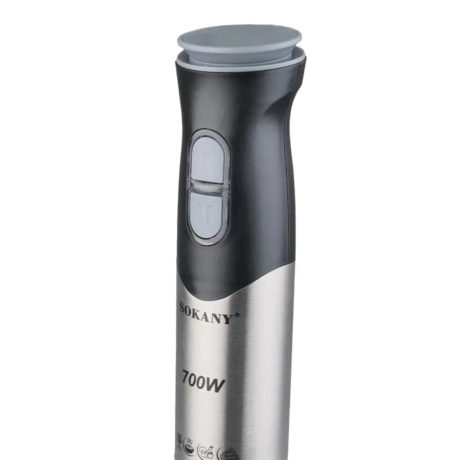 Batidora de mano de 700W con dos velocidades, diseño ergonómico, cuerpo y brazo de acero inoxidable. Brazo apto para lava vajillas.