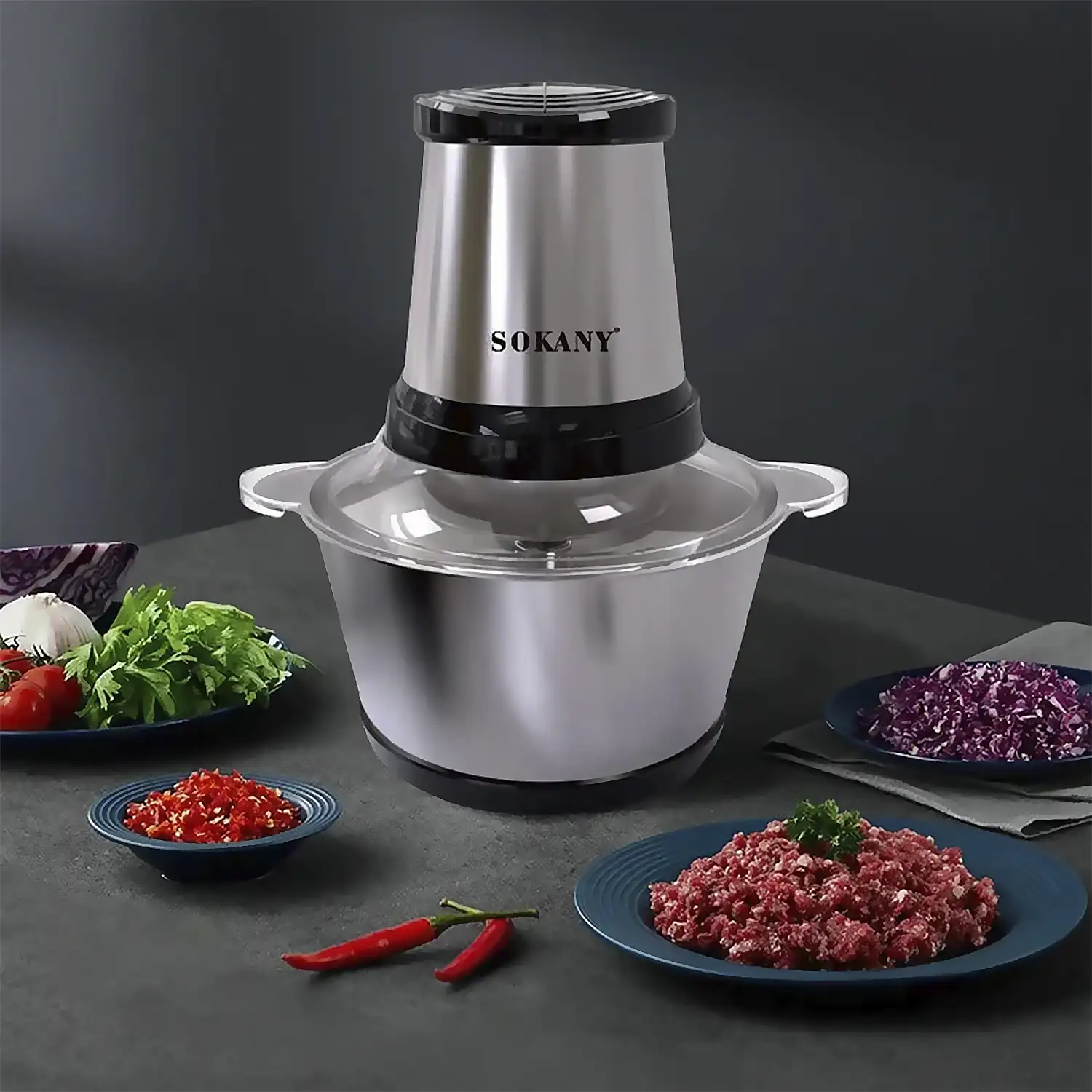 Picadora de carne eléctrica con 300W y recipiente de 2L. Diferentes funciones picado y corte con cuchillas de acero inoxidable.