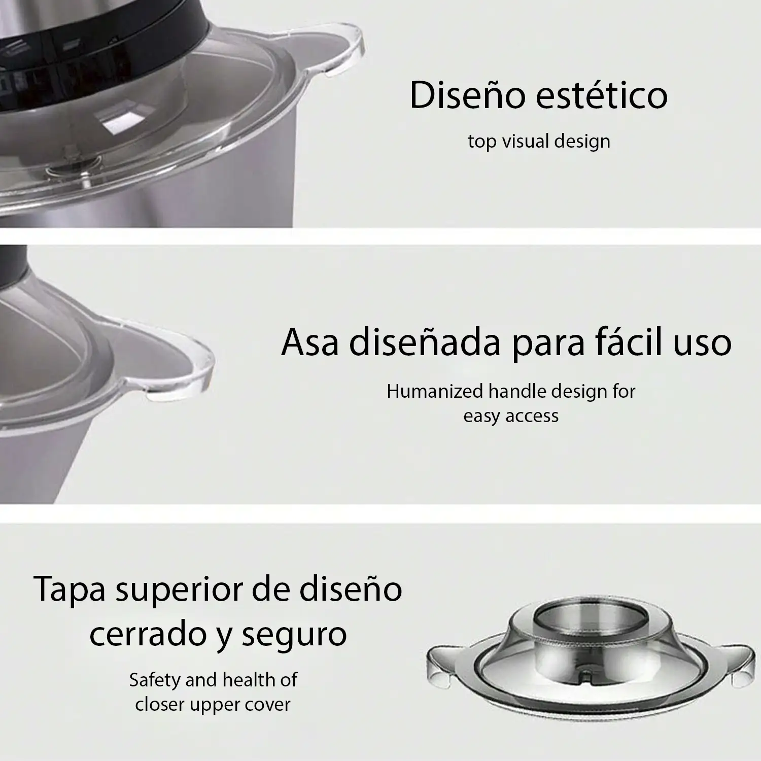 Picadora de carne eléctrica con 300W y recipiente de 2L. Diferentes funciones picado y corte con cuchillas de acero inoxidable.