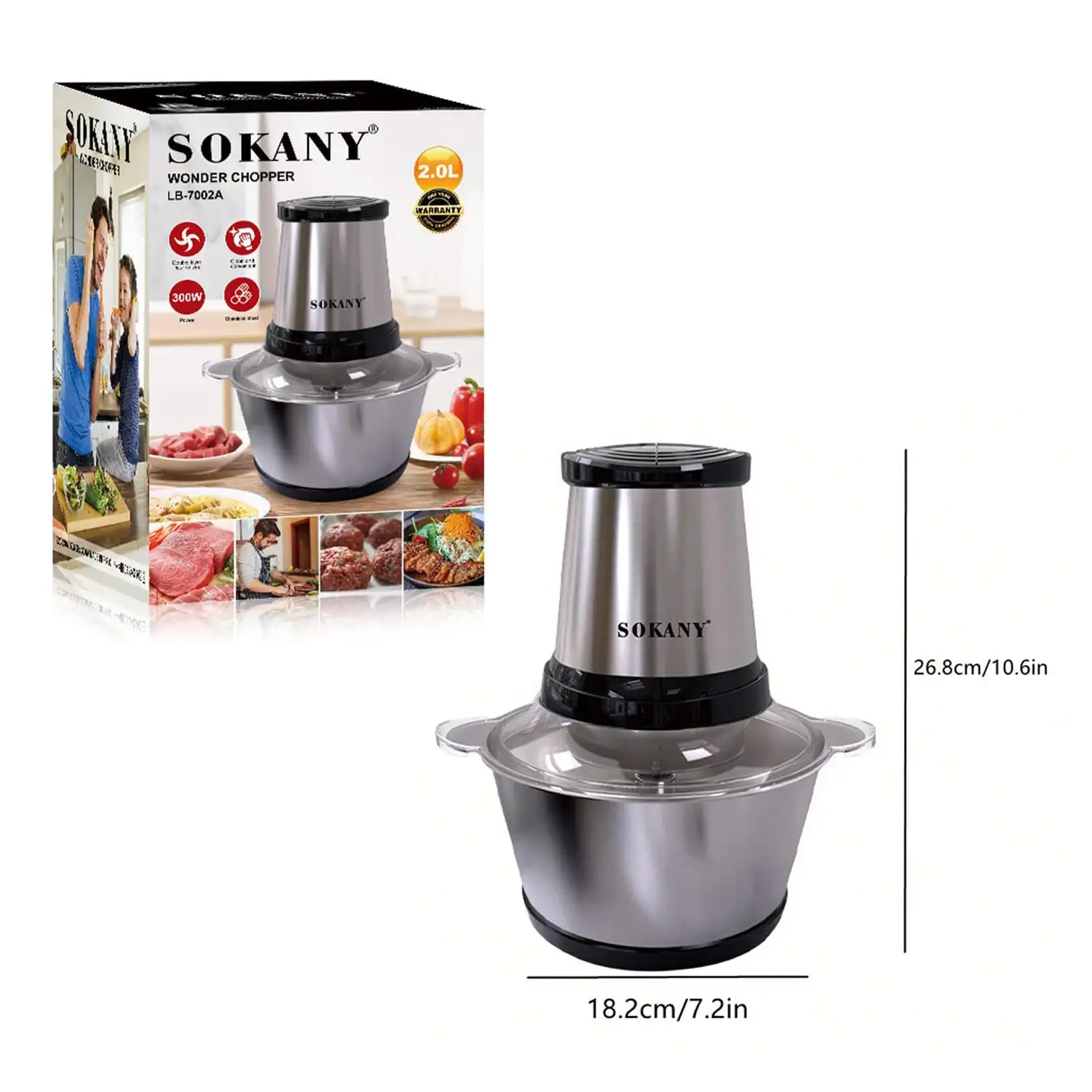 Picadora de carne eléctrica con 300W y recipiente de 2L. Diferentes funciones picado y corte con cuchillas de acero inoxidable.
