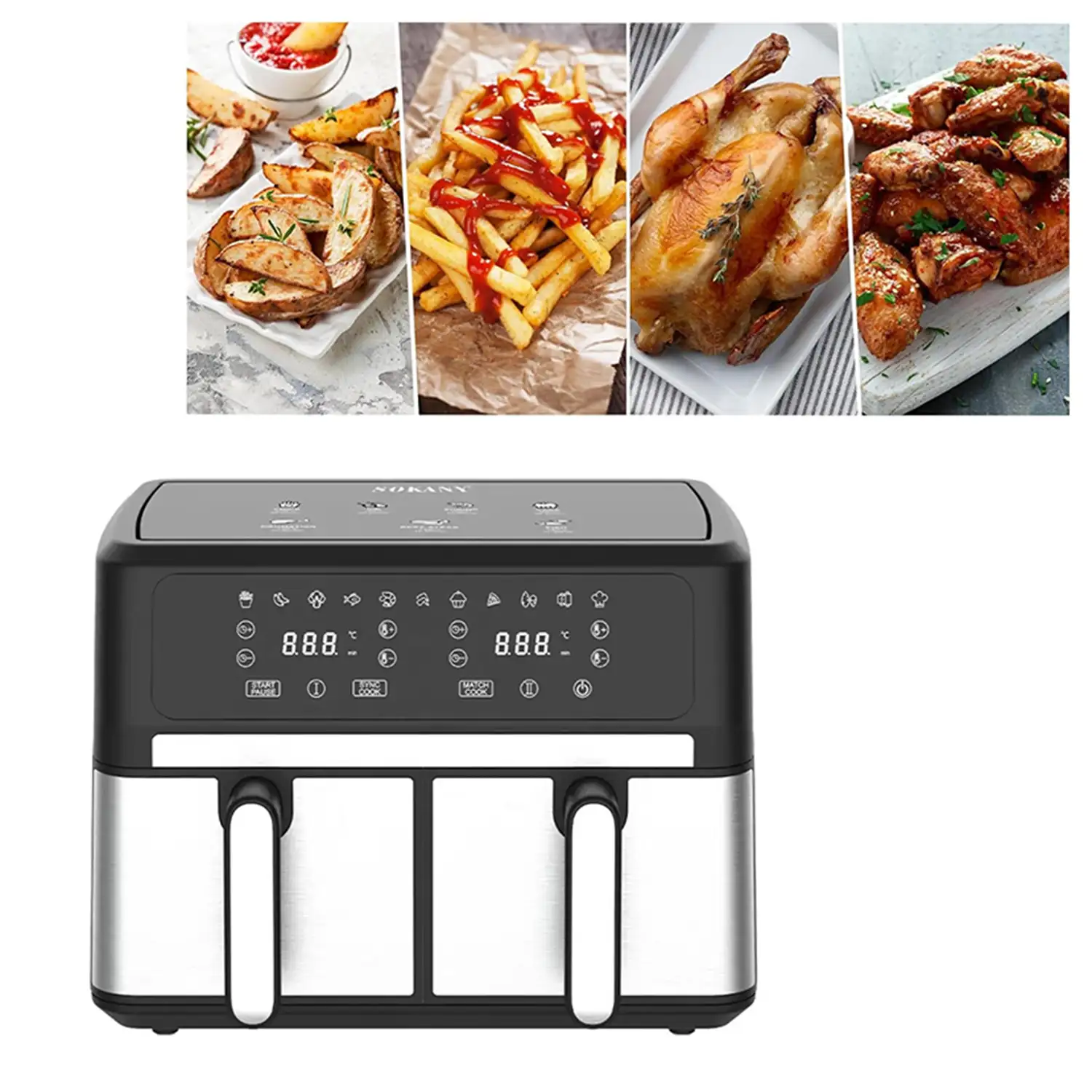 Freidora de aire sin aceite de 3000w doble cesta con 10L de capacidad totales. Panel digital multifunción con temporizador y alarma de finalización.