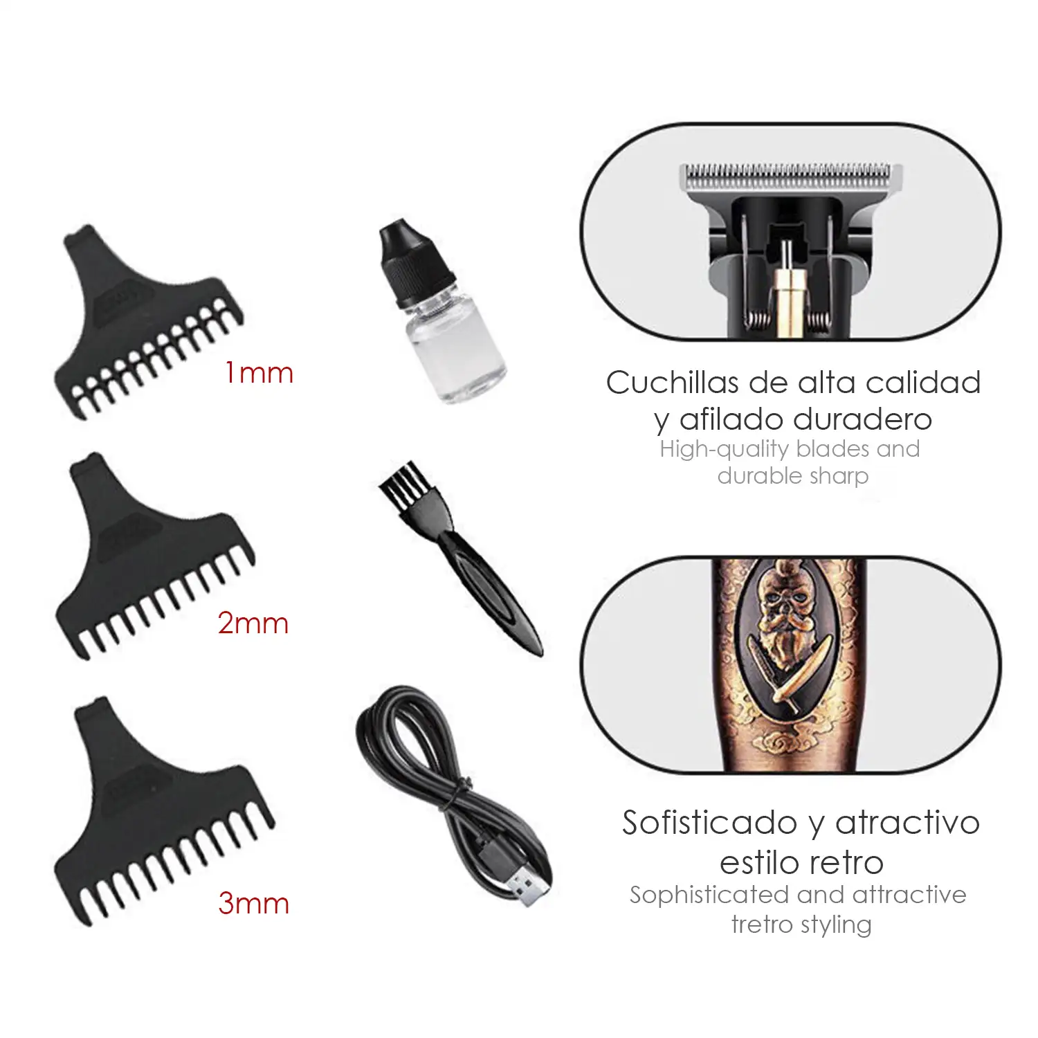Recortador de pelo y barba recargable 1200mAh. Diseño ergonómico retro.