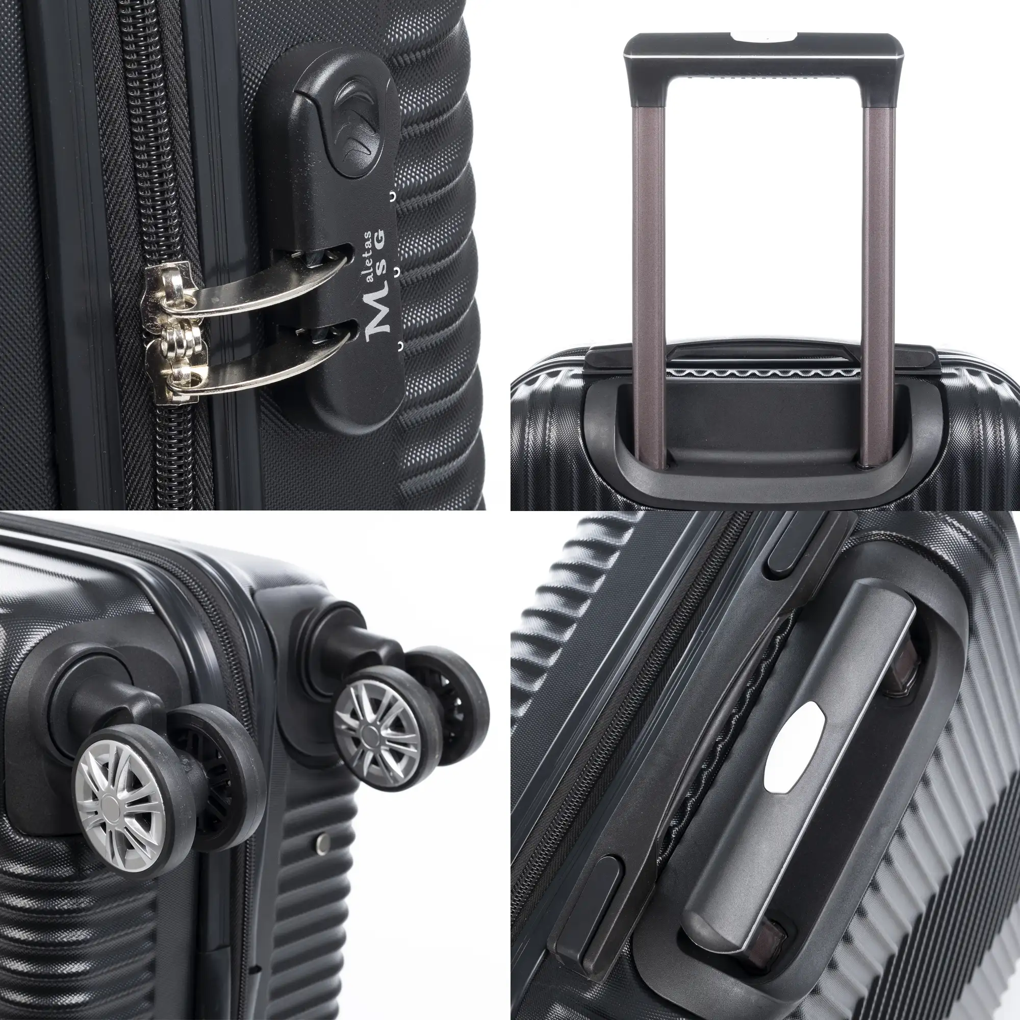 Maleta Trolley de cabina en material ligero, de ABS de alta resistencia. Cerradura numérica, 4 ruedas dobles giratorias 360°.