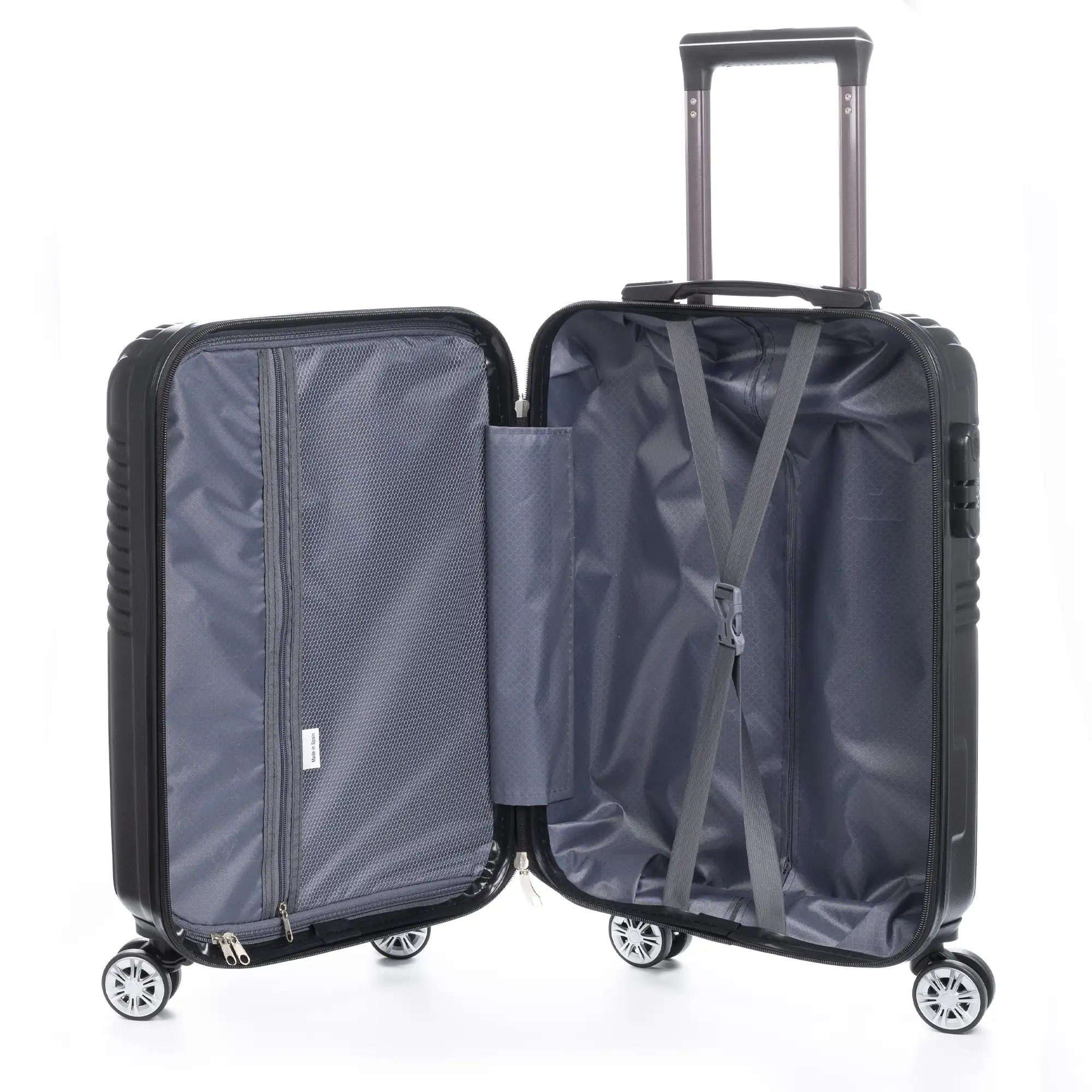 Maleta Trolley de cabina en material ligero, de ABS de alta resistencia. Cerradura numérica, 4 ruedas dobles giratorias 360°.
