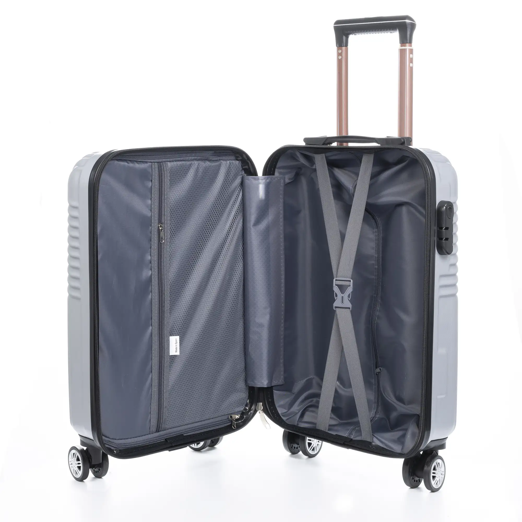 Maleta Trolley de cabina en material ligero, de ABS de alta resistencia. Cerradura numérica, 4 ruedas dobles giratorias 360°.