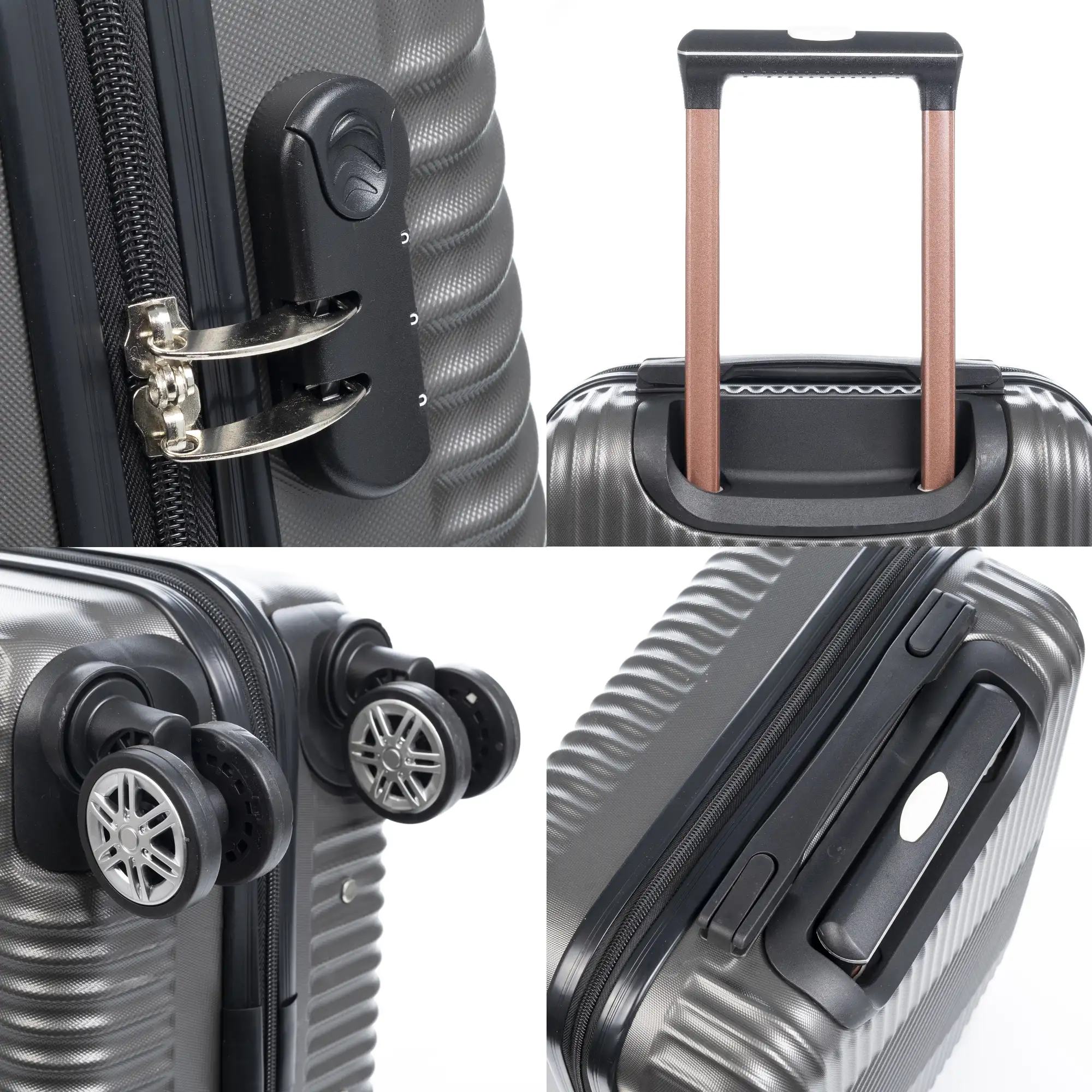 Maleta Trolley de cabina en material ligero, de ABS de alta resistencia. Cerradura numérica, 4 ruedas dobles giratorias 360°.