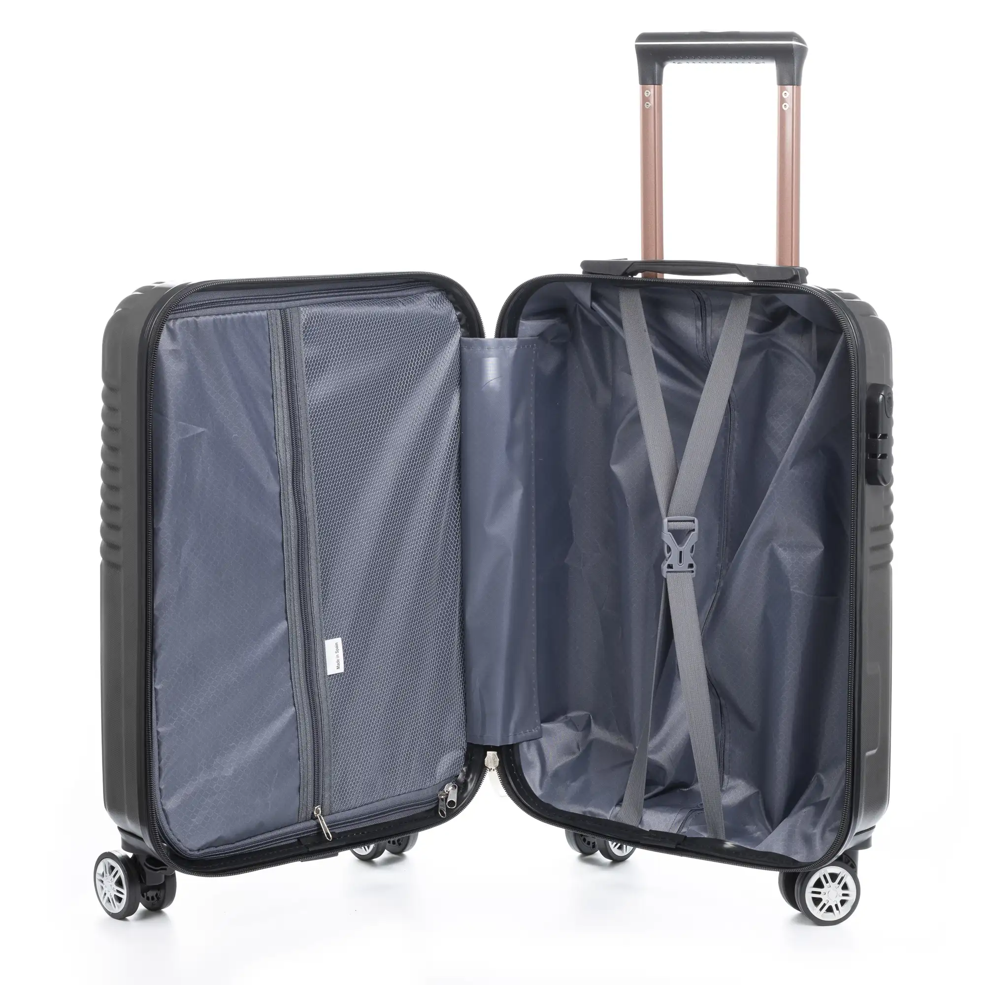 Maleta Trolley de cabina en material ligero, de ABS de alta resistencia. Cerradura numérica, 4 ruedas dobles giratorias 360°.