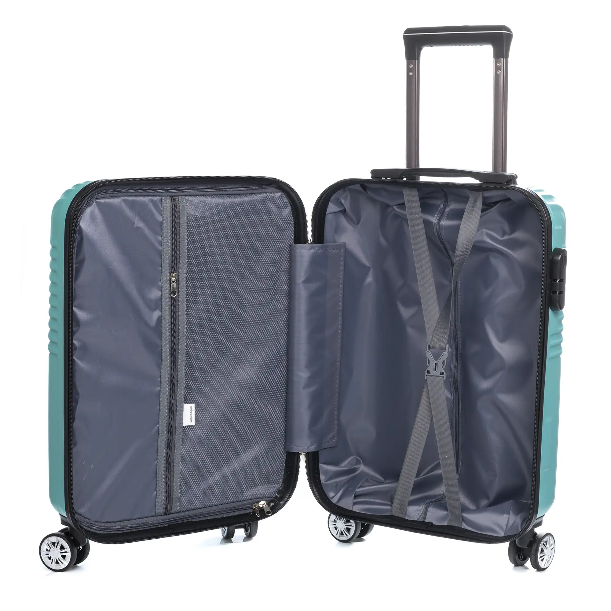 Maleta Trolley de cabina en material ligero, de ABS de alta resistencia. Cerradura numérica, 4 ruedas dobles giratorias 360°.