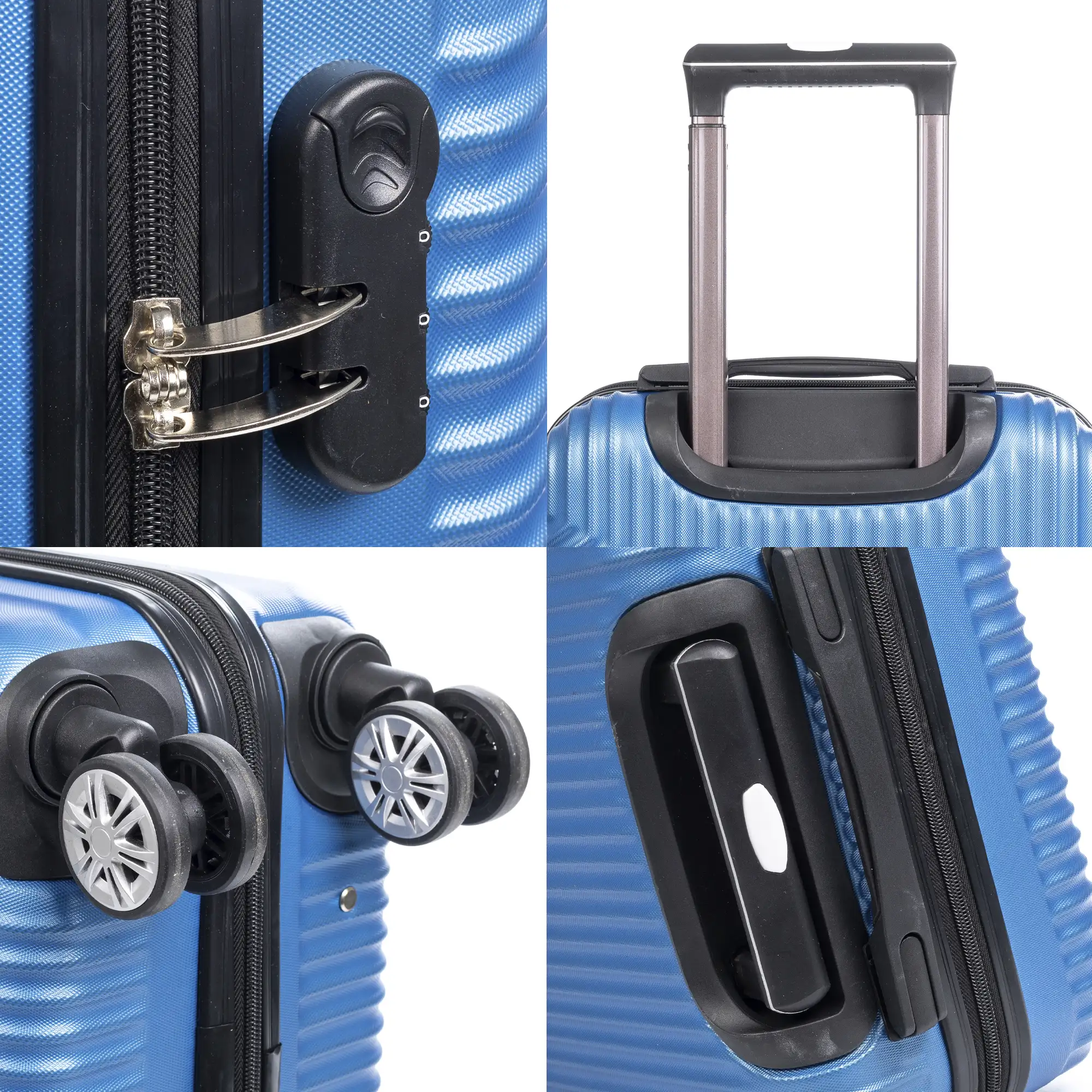 Maleta Trolley de cabina en material ligero, de ABS de alta resistencia. Cerradura numérica, 4 ruedas dobles giratorias 360°.