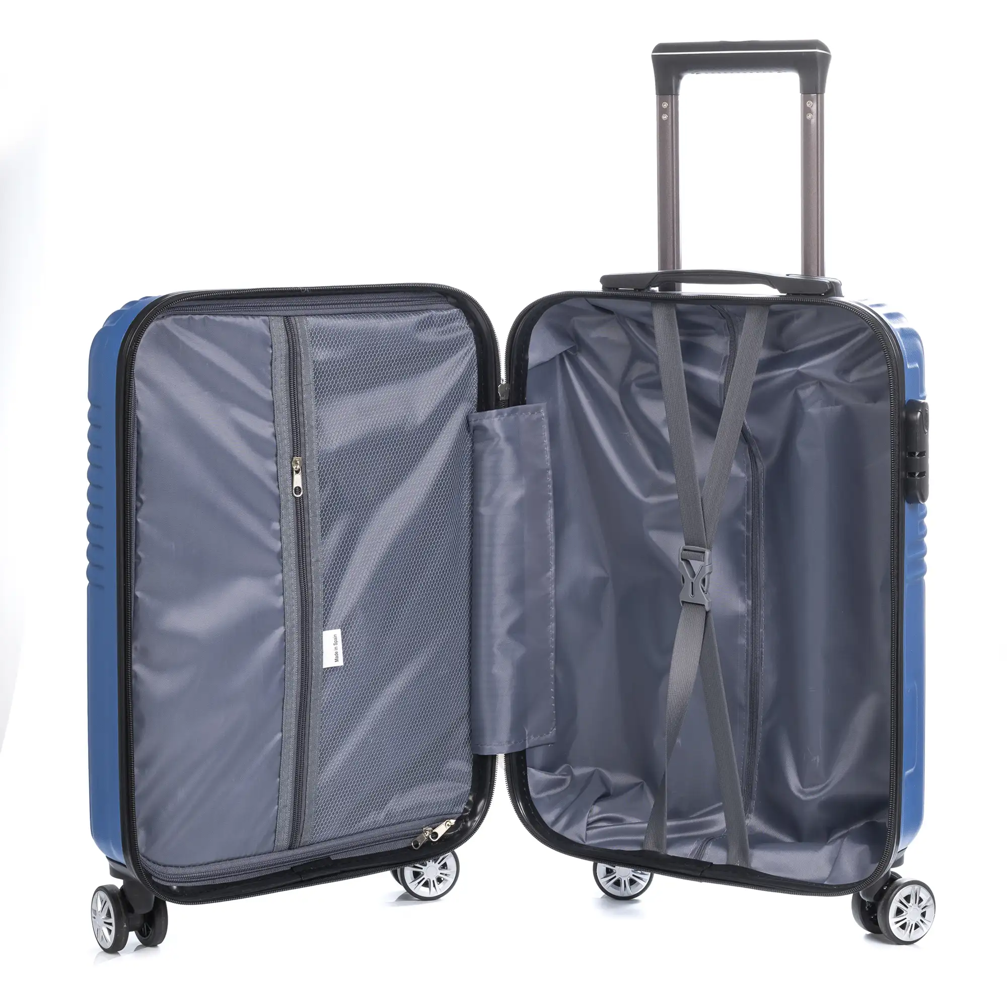 Maleta Trolley de cabina en material ligero, de ABS de alta resistencia. Cerradura numérica, 4 ruedas dobles giratorias 360°.