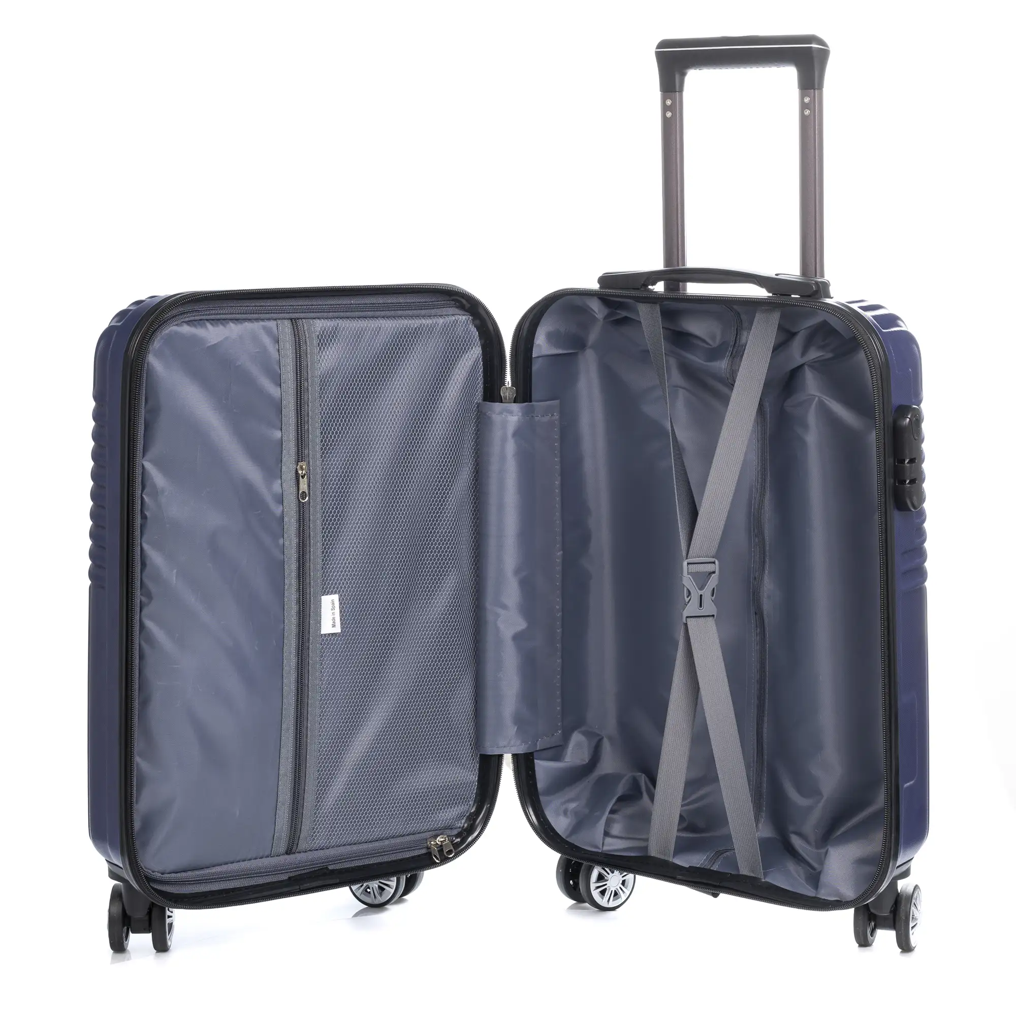Maleta Trolley de cabina en material ligero, de ABS de alta resistencia. Cerradura numérica, 4 ruedas dobles giratorias 360°.