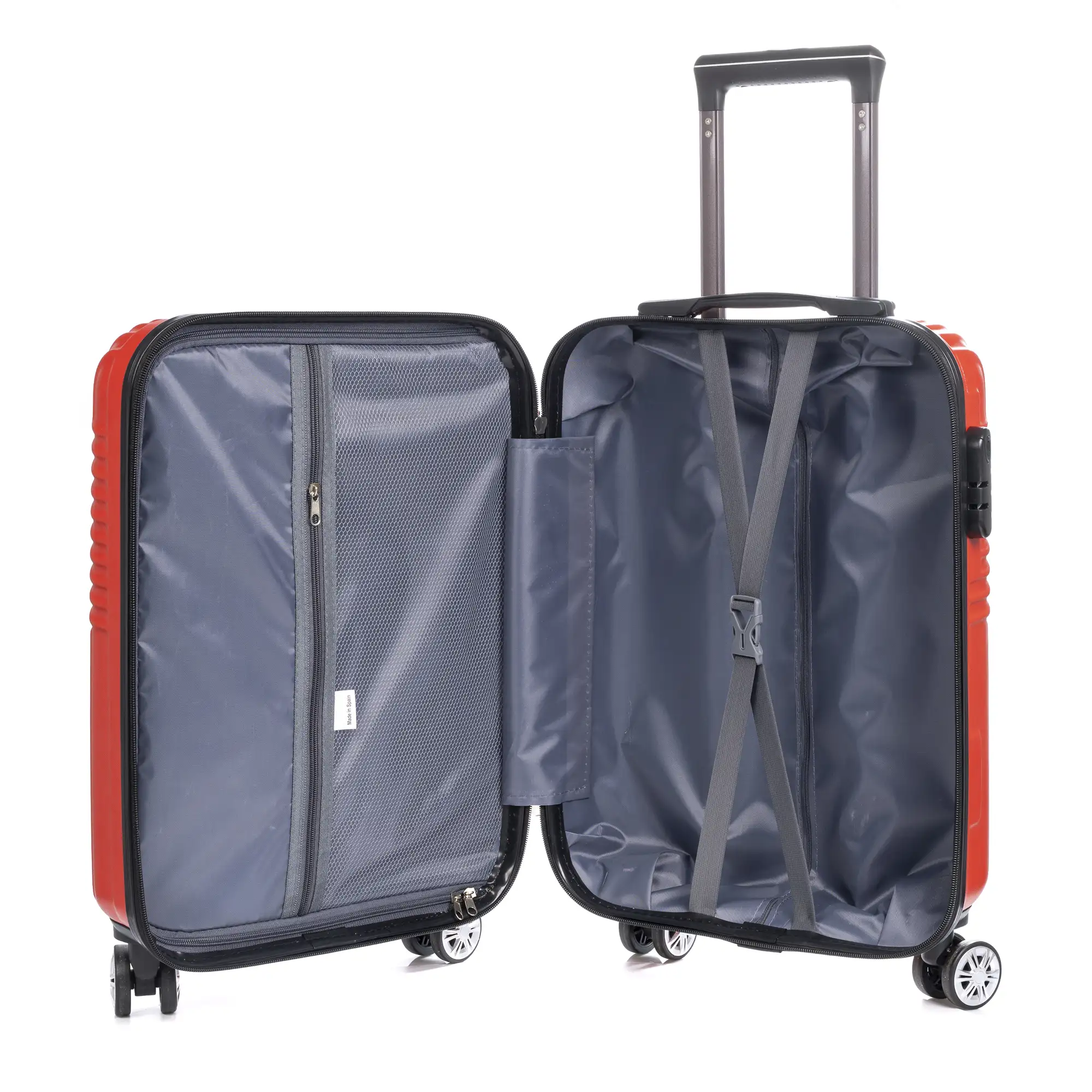 Maleta Trolley de cabina en material ligero, de ABS de alta resistencia. Cerradura numérica, 4 ruedas dobles giratorias 360°.