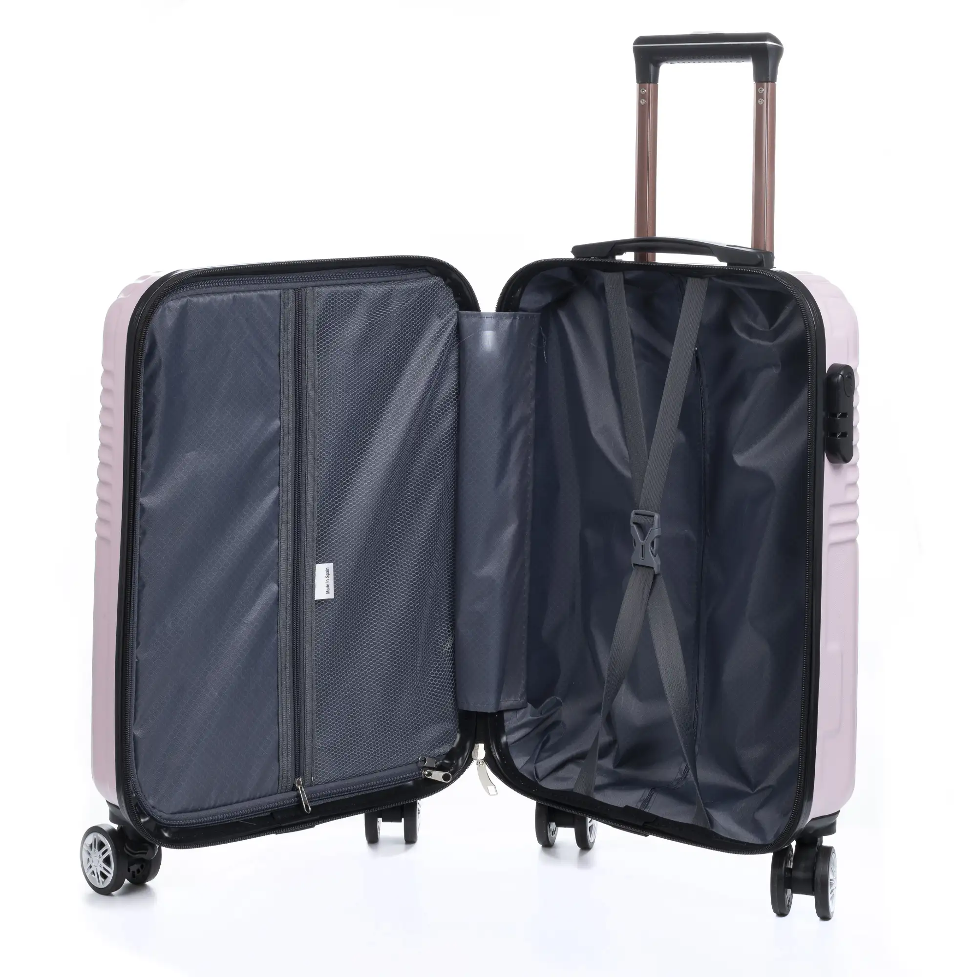 Maleta Trolley de cabina en material ligero, de ABS de alta resistencia. Cerradura numérica, 4 ruedas dobles giratorias 360°.