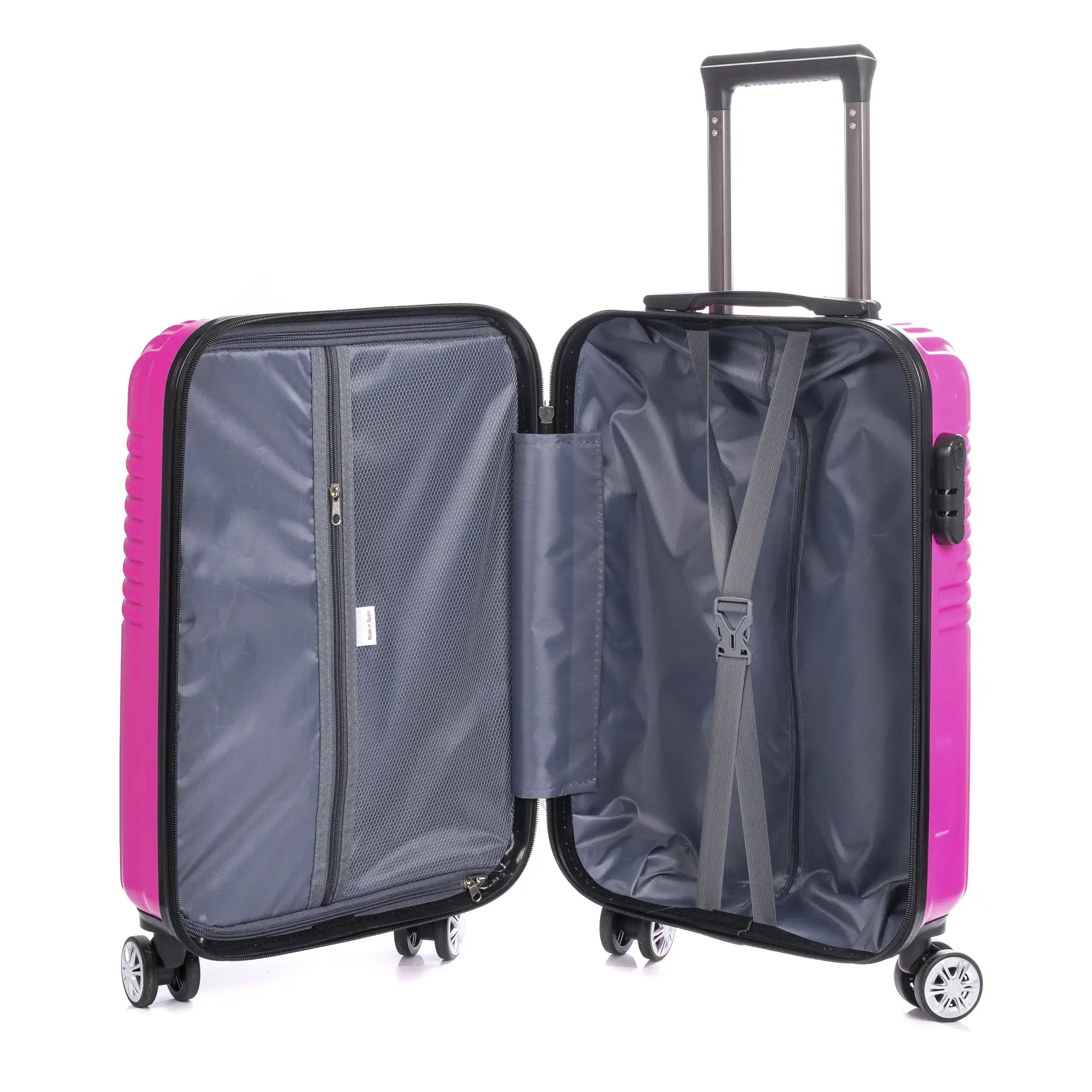 Maleta Trolley de cabina en material ligero, de ABS de alta resistencia. Cerradura numérica, 4 ruedas dobles giratorias 360°.