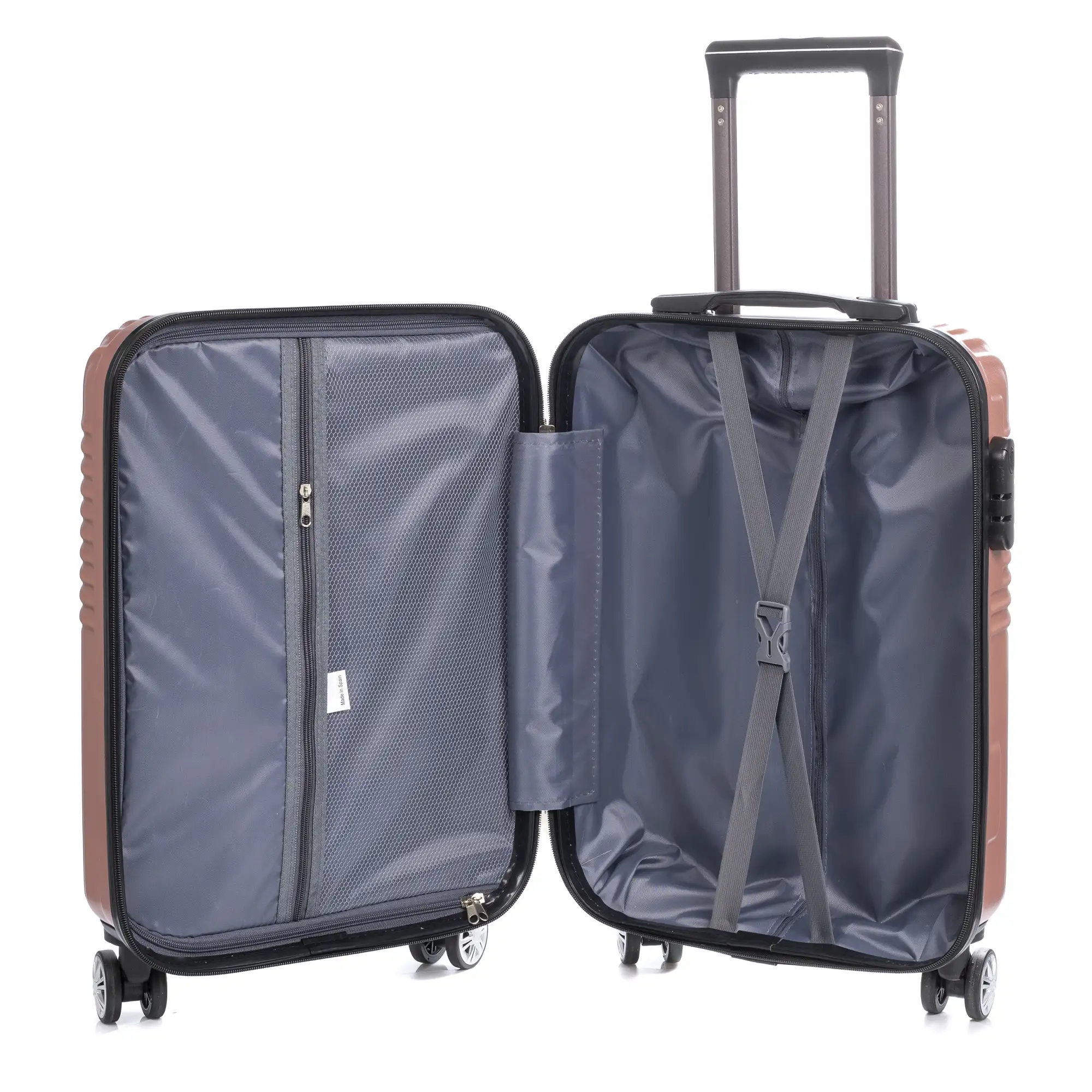 Maleta Trolley de cabina en material ligero, de ABS de alta resistencia. Cerradura numérica, 4 ruedas dobles giratorias 360°.