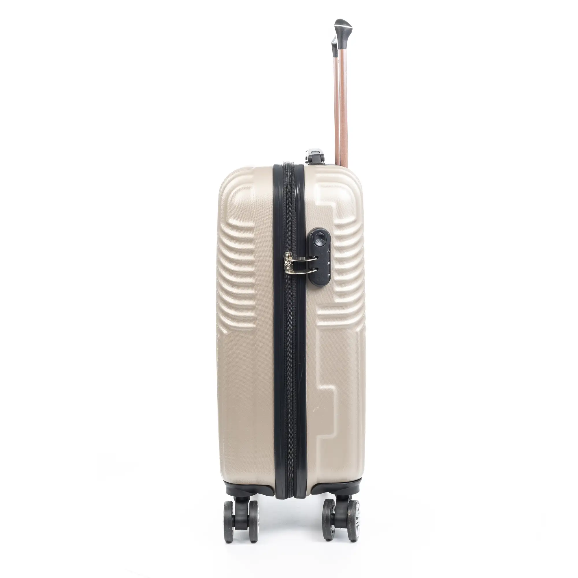 Maleta Trolley de cabina en material ligero, de ABS de alta resistencia. Cerradura numérica, 4 ruedas dobles giratorias 360°.
