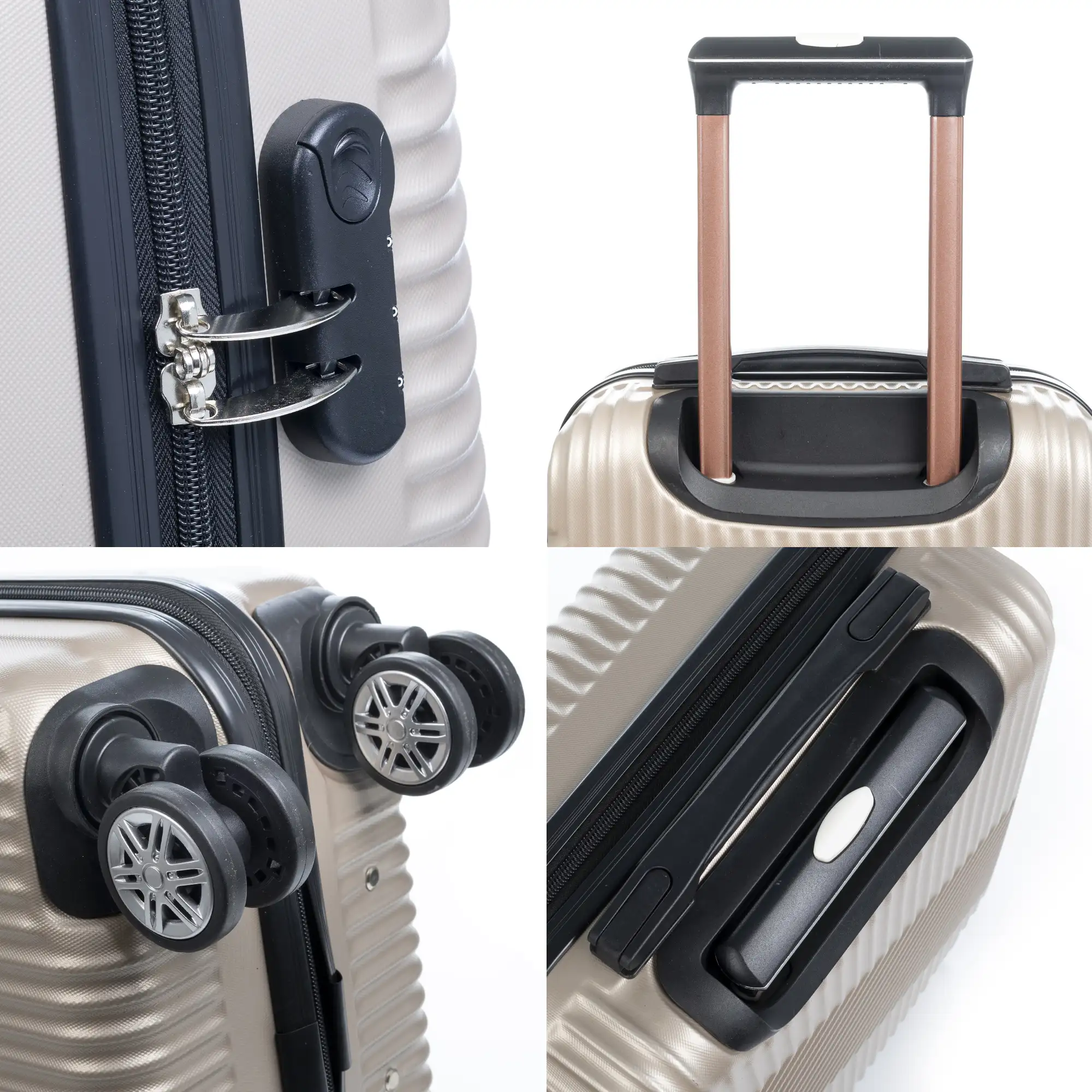 Maleta Trolley de cabina en material ligero, de ABS de alta resistencia. Cerradura numérica, 4 ruedas dobles giratorias 360°.