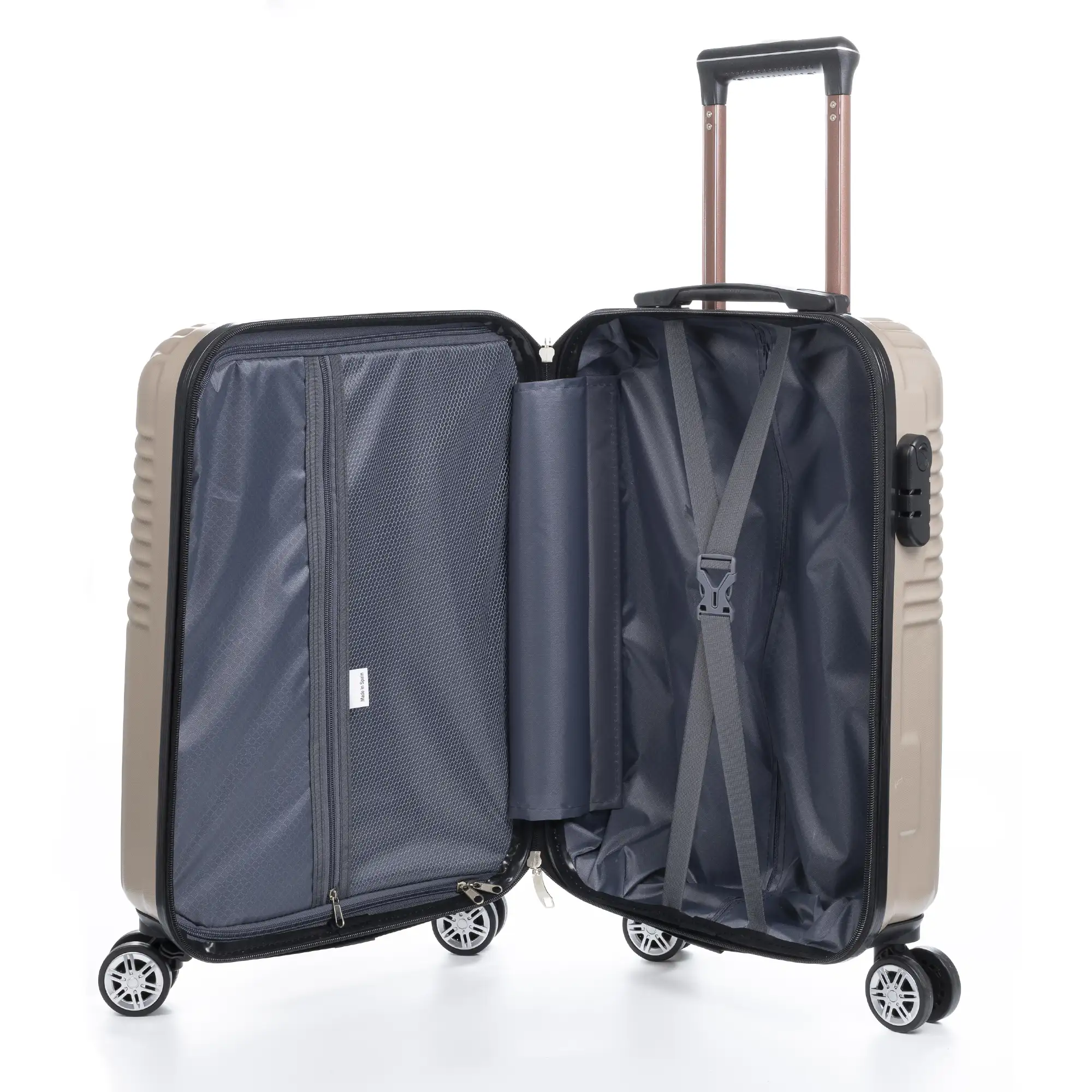 Maleta Trolley de cabina en material ligero, de ABS de alta resistencia. Cerradura numérica, 4 ruedas dobles giratorias 360°.