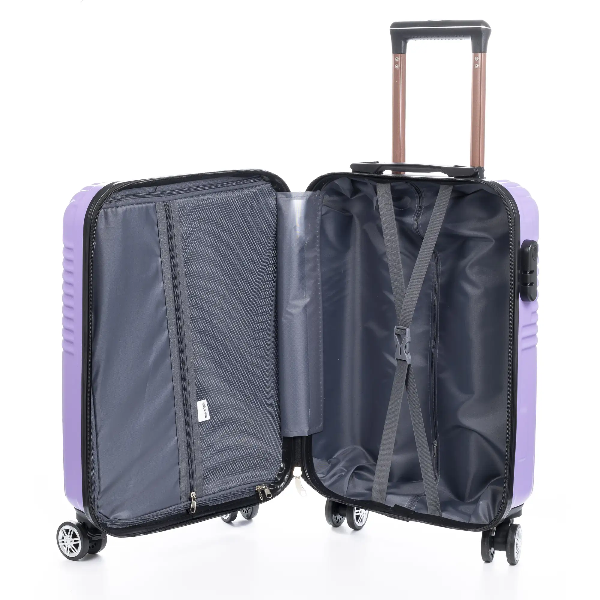 Maleta Trolley de cabina en material ligero, de ABS de alta resistencia. Cerradura numérica, 4 ruedas dobles giratorias 360°.