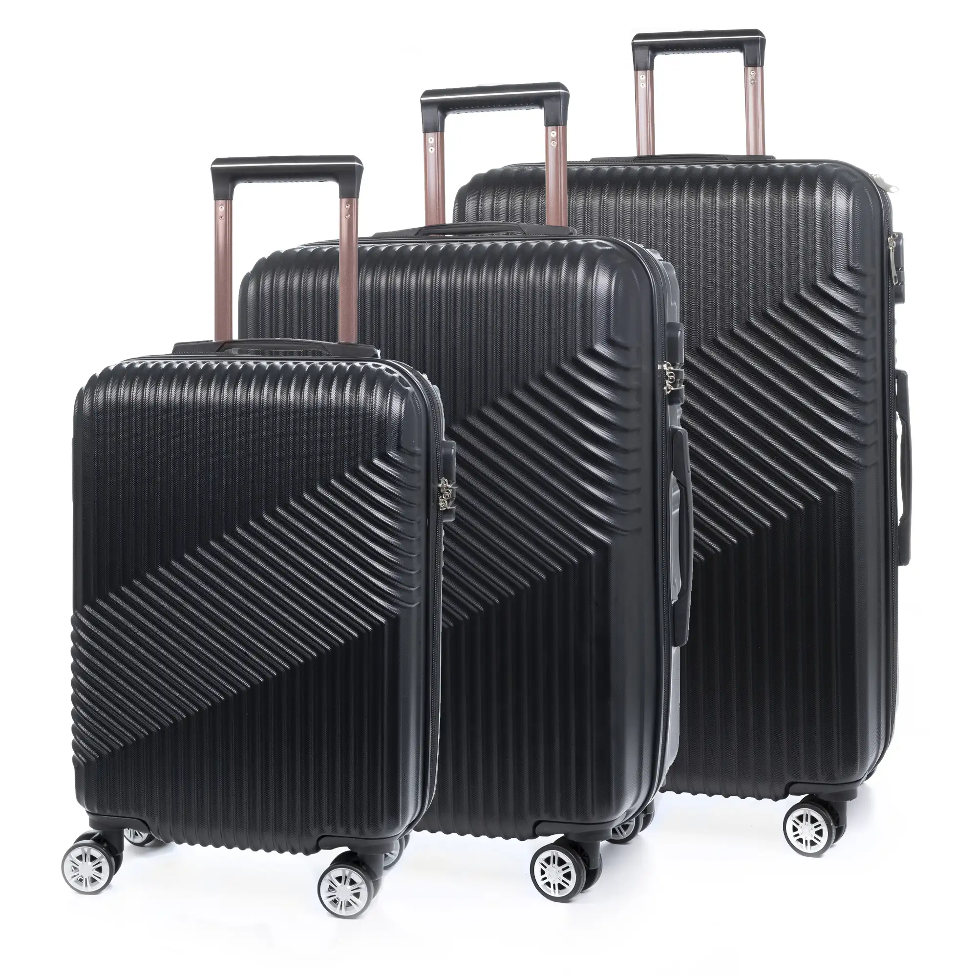 Juego de 3 maletas Trolley en material ligero de ABS de alta resistencia. Cerradura numérica, 4 ruedas dobles giratorias 360°.