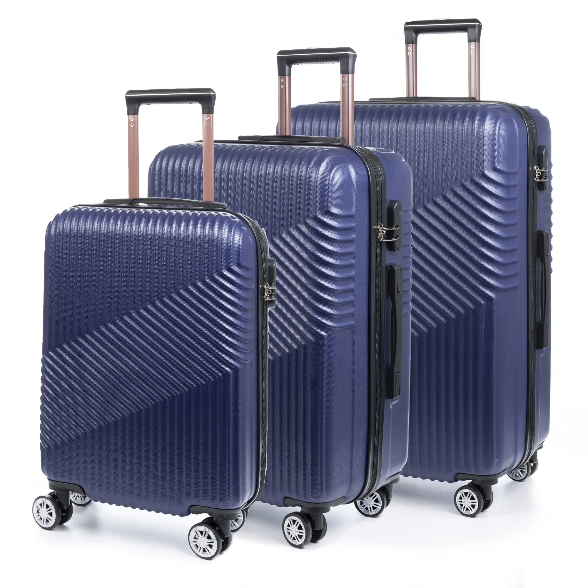 Juego de 3 maletas Trolley en material ligero de ABS de alta resistencia. Cerradura numérica, 4 ruedas dobles giratorias 360°.