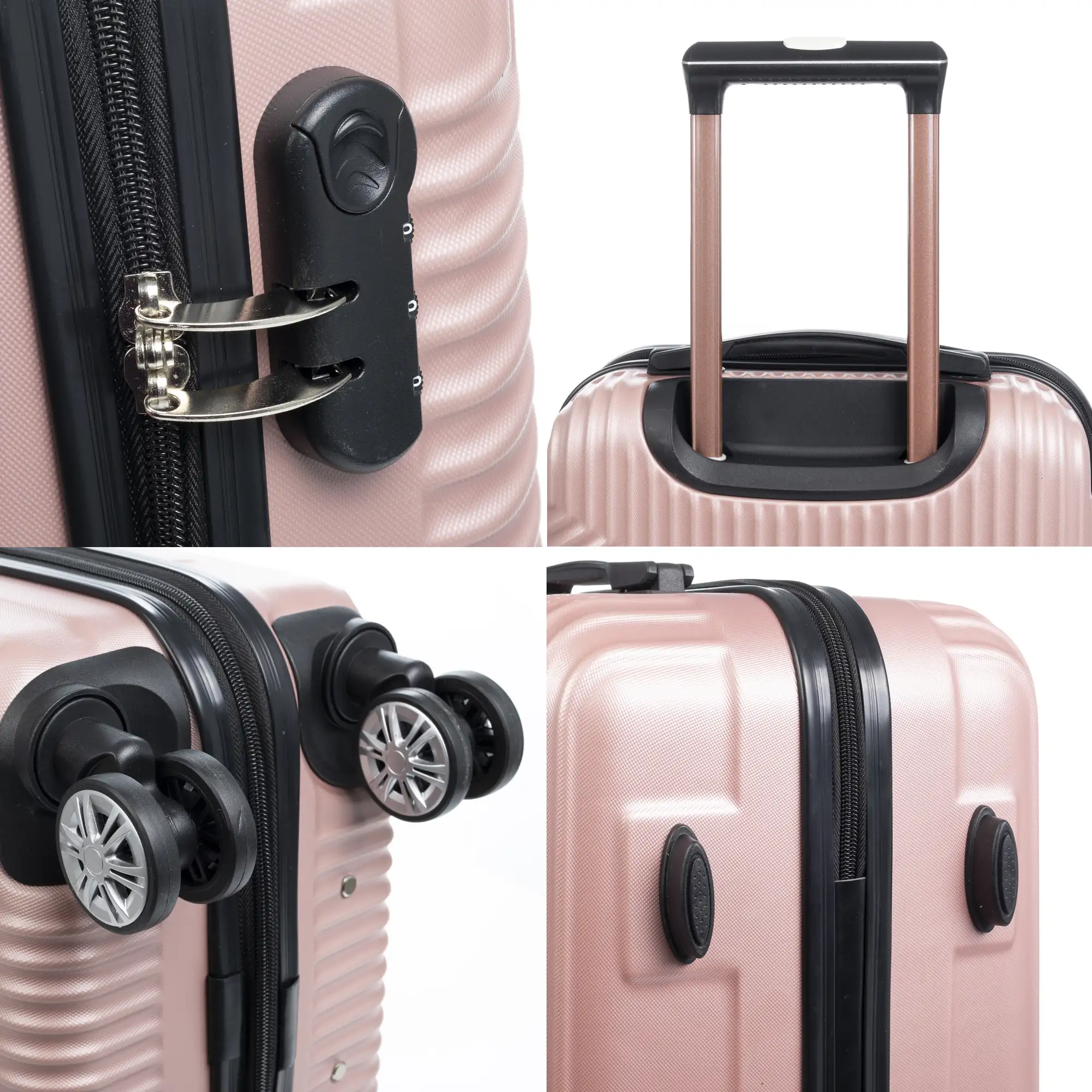 Juego de 3 maletas Trolley en material ligero de ABS de alta resistencia. Cerradura numérica, 4 ruedas dobles giratorias 360°.