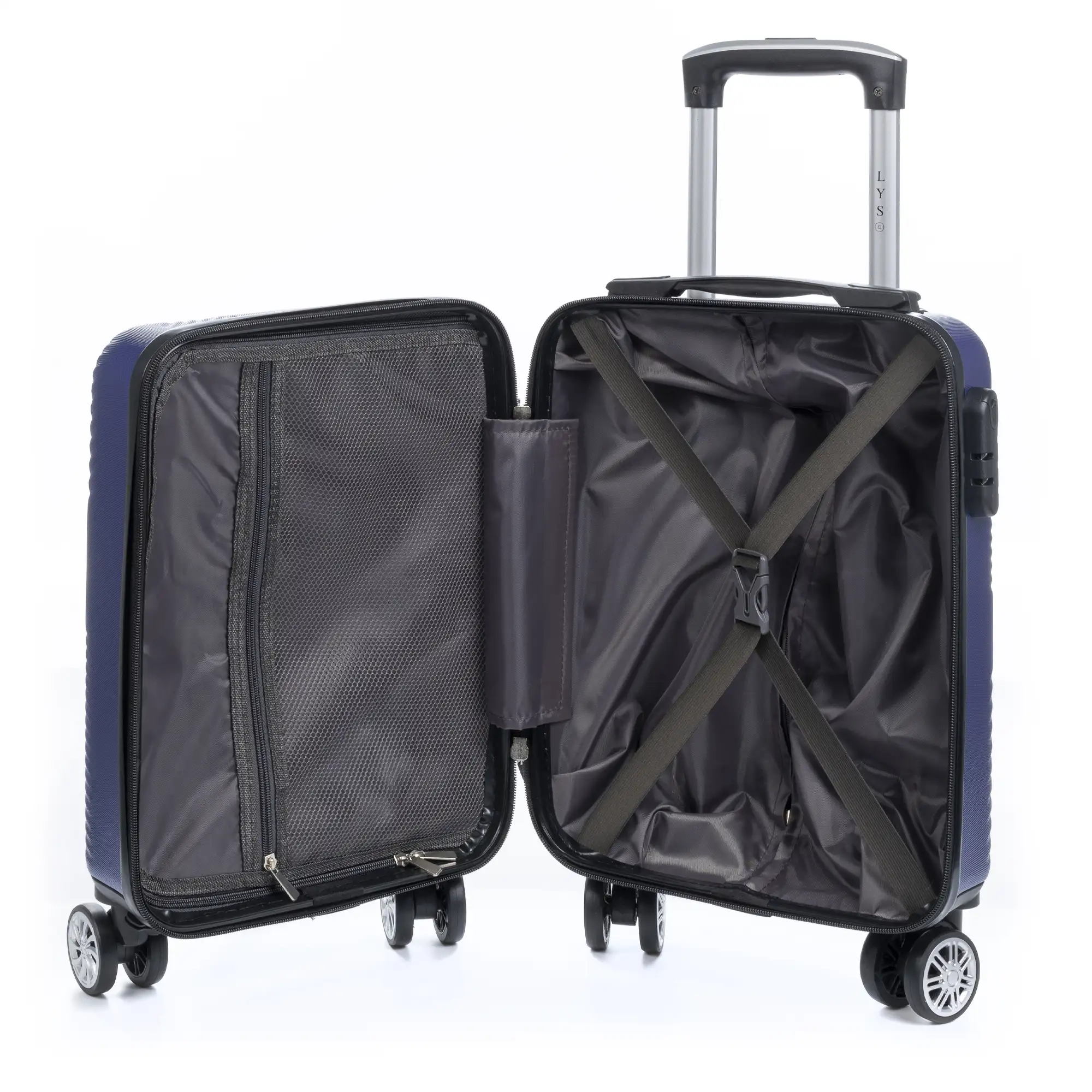 Maleta Trolley de cabina en material ligero, de ABS de alta resistencia. Cerradura numérica, 4 ruedas dobles giratorias 360°.