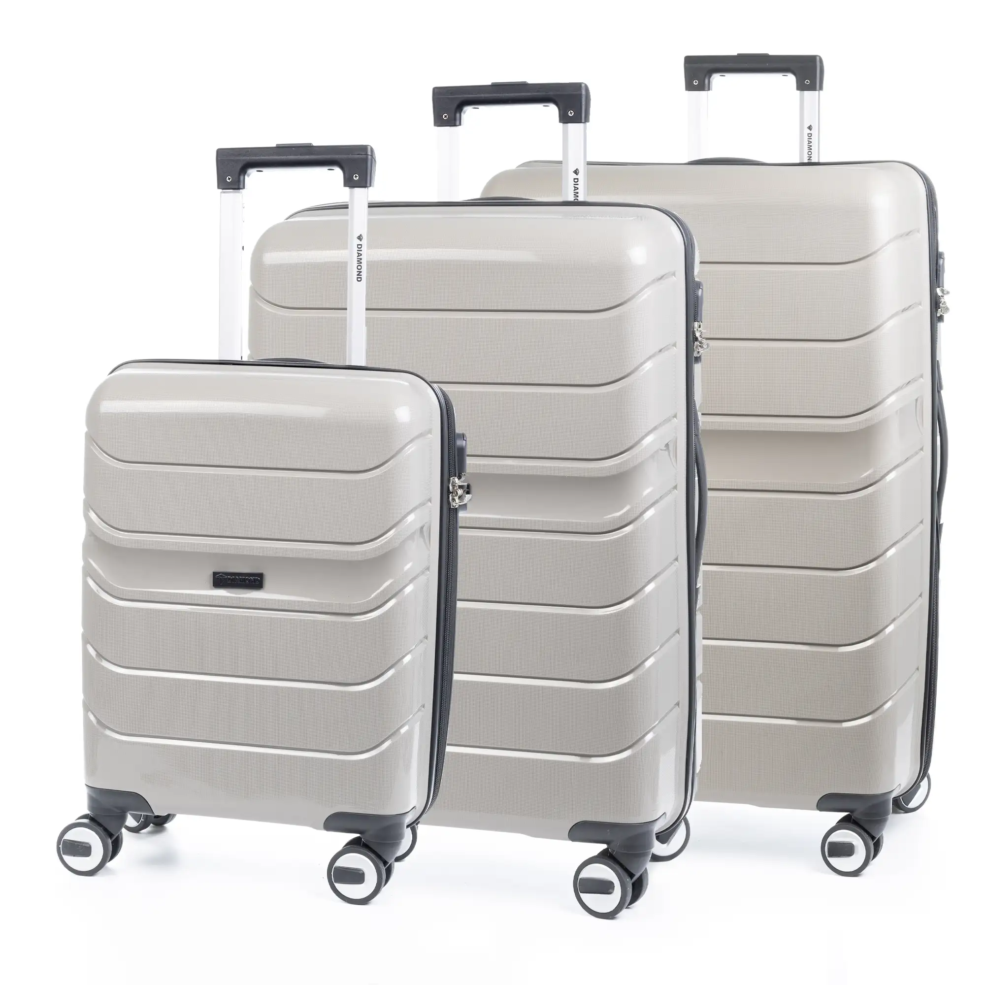 Juego de 3 maletas trolley de PP resistente a la rotura. Cerradura numérica, 4 ruedas dobles giratorias 360°.